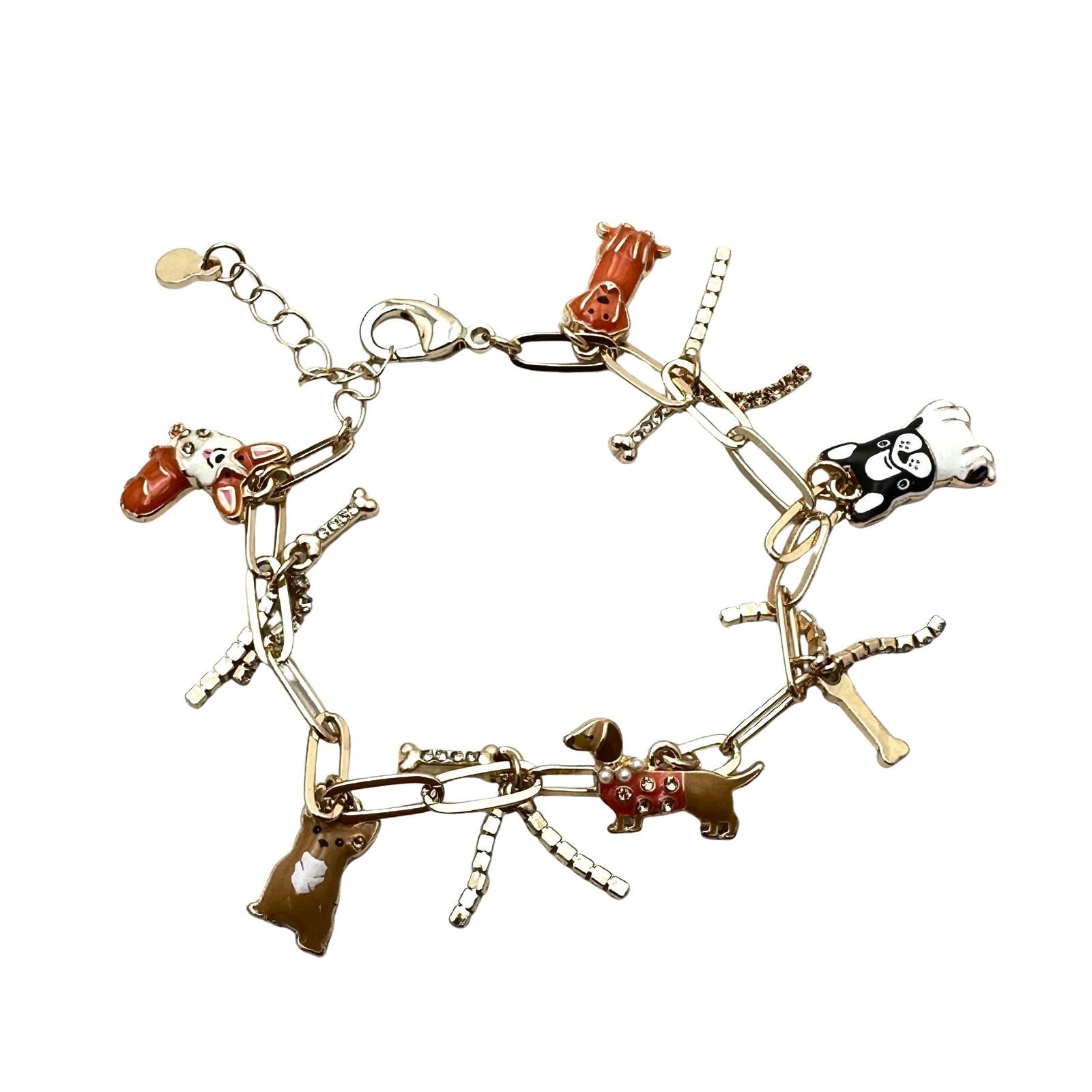 Enamel Dog Charm Bracelet Gold Tone Fits Up to 8 Inch: Enamel Dog Charm Bracelet Gold Tone Fits Up to 8 Inch