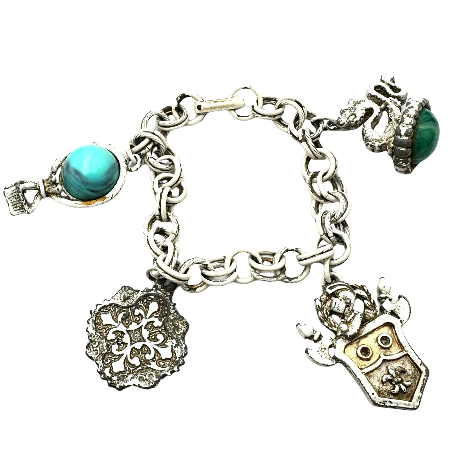 Vintage White Enamel Charm Bracelet Dragon Peking Glass 7 Inch: Vintage White Enamel Charm Bracelet Dragon Peking Glass 7 Inch