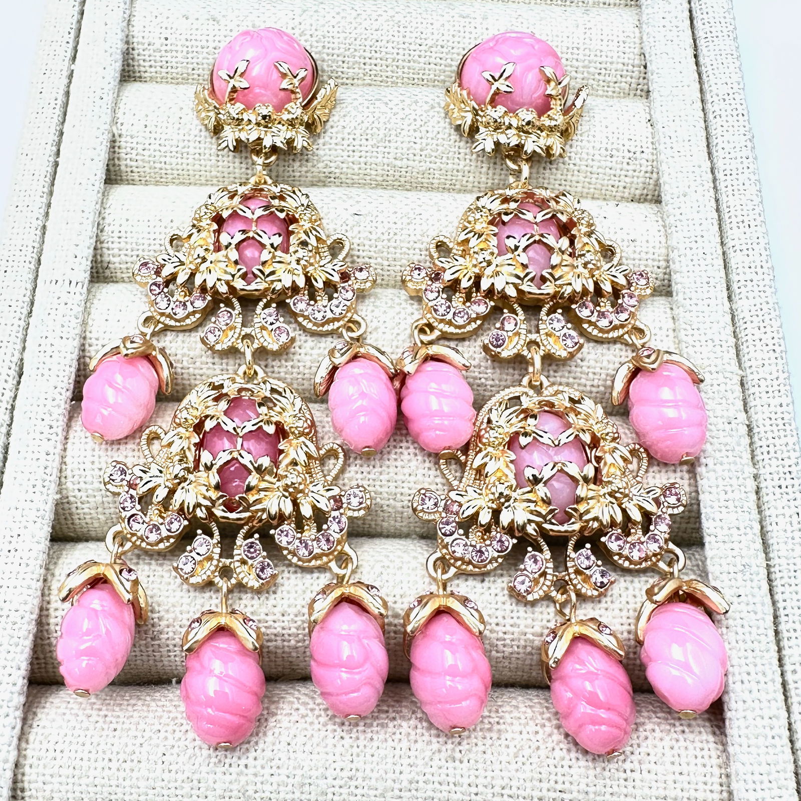 Pink Rhinestone Gold Tone Ornate 3.5 Inch Chandelier Pierced Earrings: Pink Rhinestone Gold Tone Ornate 3.5 Inch Chandelier Pierced Earrings