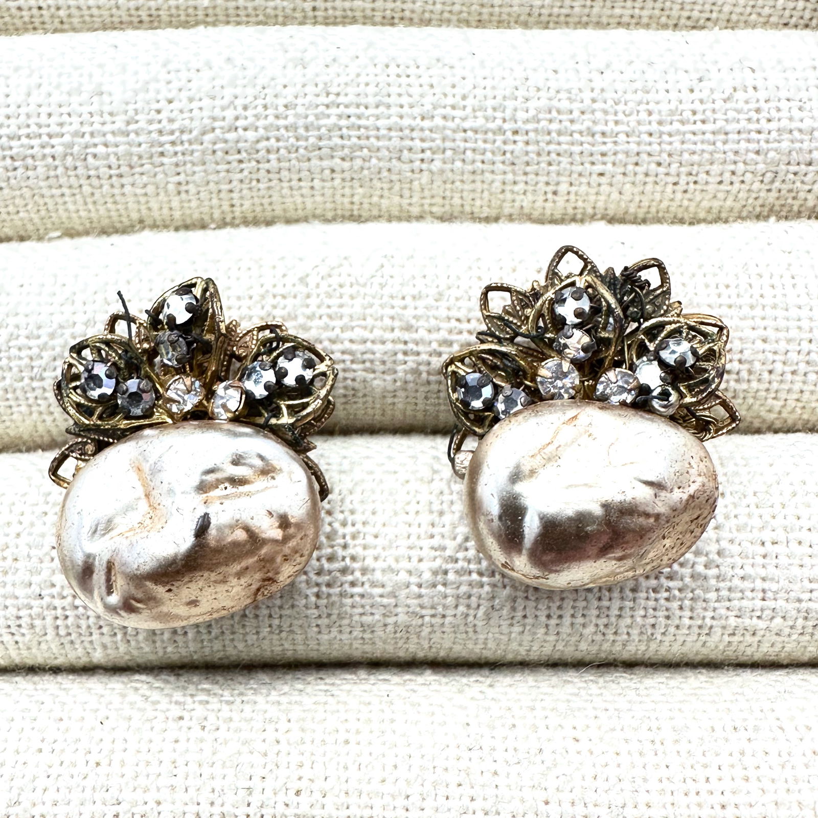 Vintage Miriam Haskell Faux Pearl Clear Rhinestone Antiqued Gold Tone Clip Earrings (1 of 2)