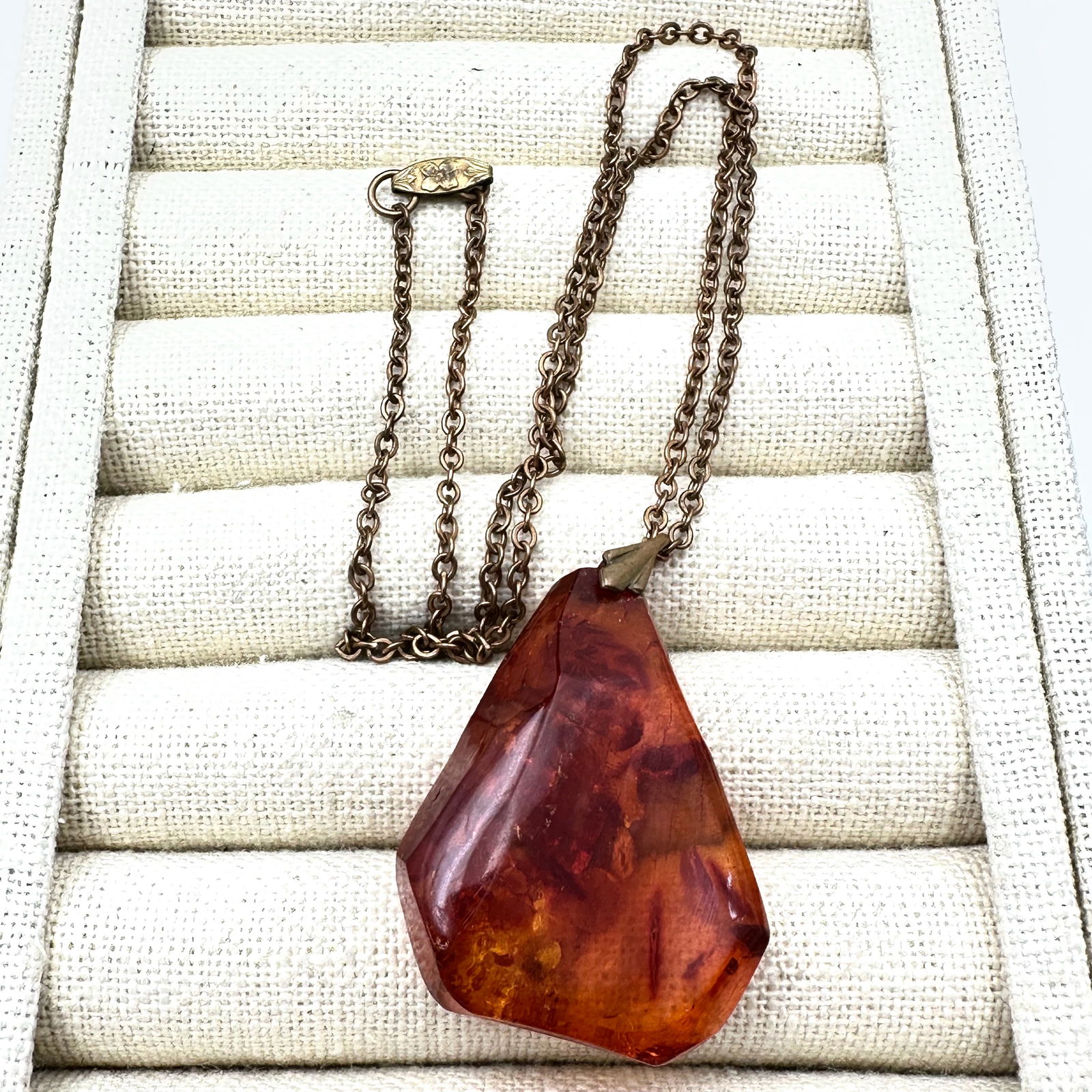Antique Natural Amber Pendant Antiqued Gold Tone 17 Inch Necklace (1 of 2)