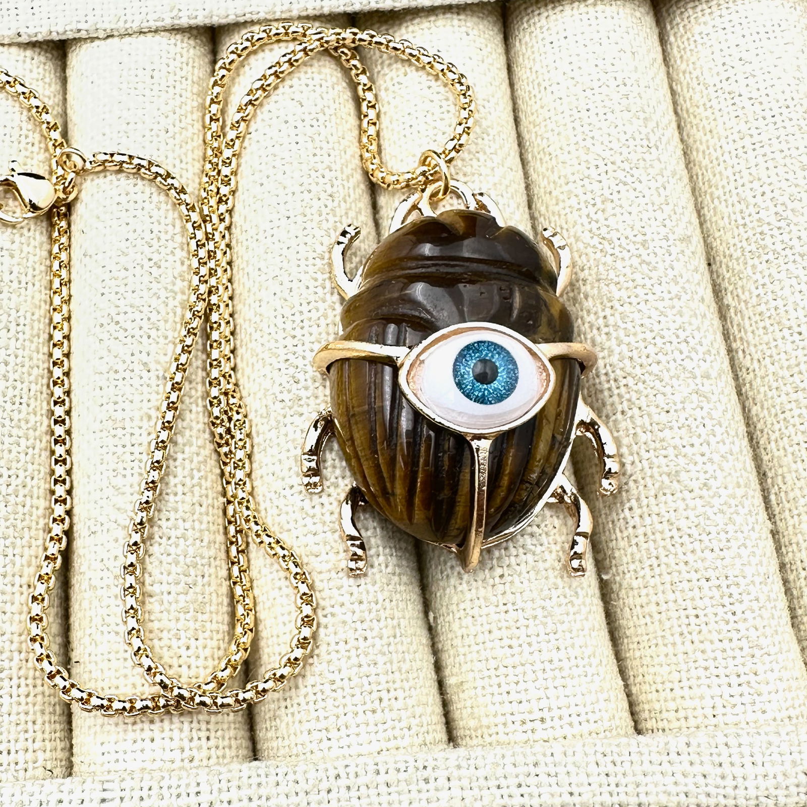 Tiger Eye Gemstone Evil Eye Pendant Gold Plated Necklace 16 Inch Chain: Tiger Eye Gemstone Evil Eye Pendant Gold Plated Necklace 16 Inch Chain