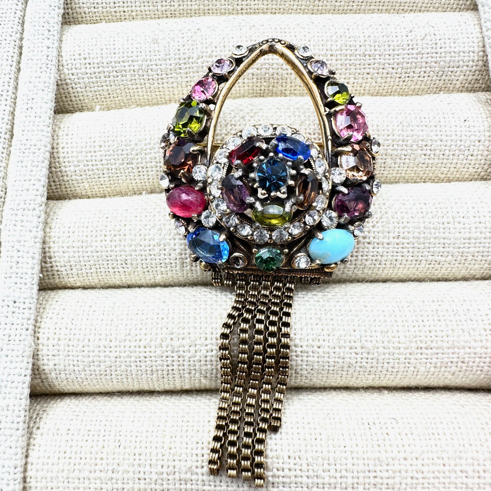 Vintage Weiss Multicolor Glass Rhinestone Antiqued Gold Tone Brooch Pin 3 Inch: Vintage Weiss Multicolor Glass Rhinestone Antiqued Gold Tone Brooch Pin 3 Inch