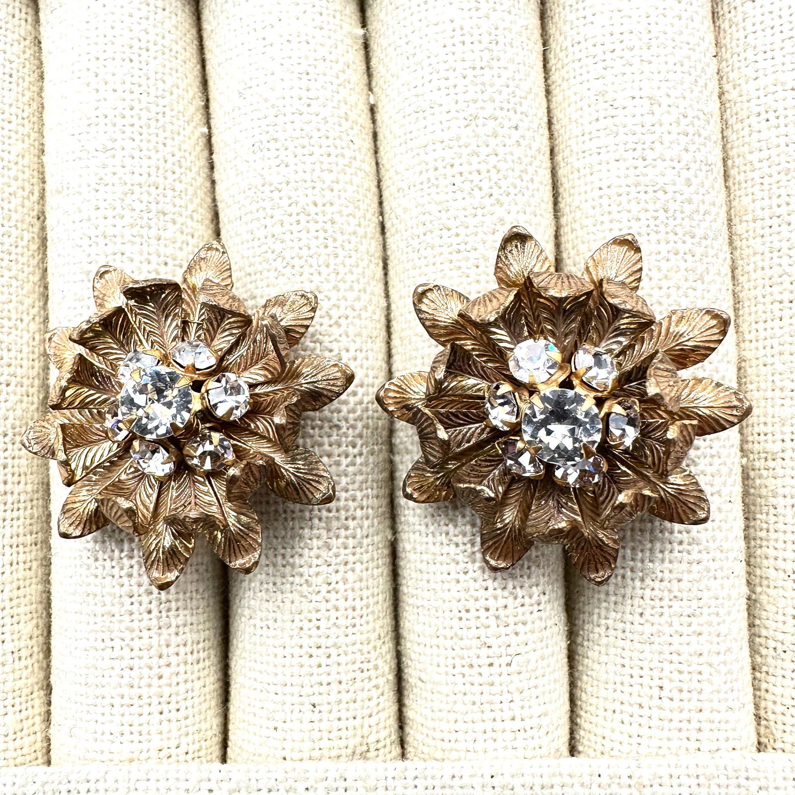 Vintage Miriam Haskell Clear Rhinestone Antiqued Gold Tone Clip Earrings 1.5 Inch (1 of 2)