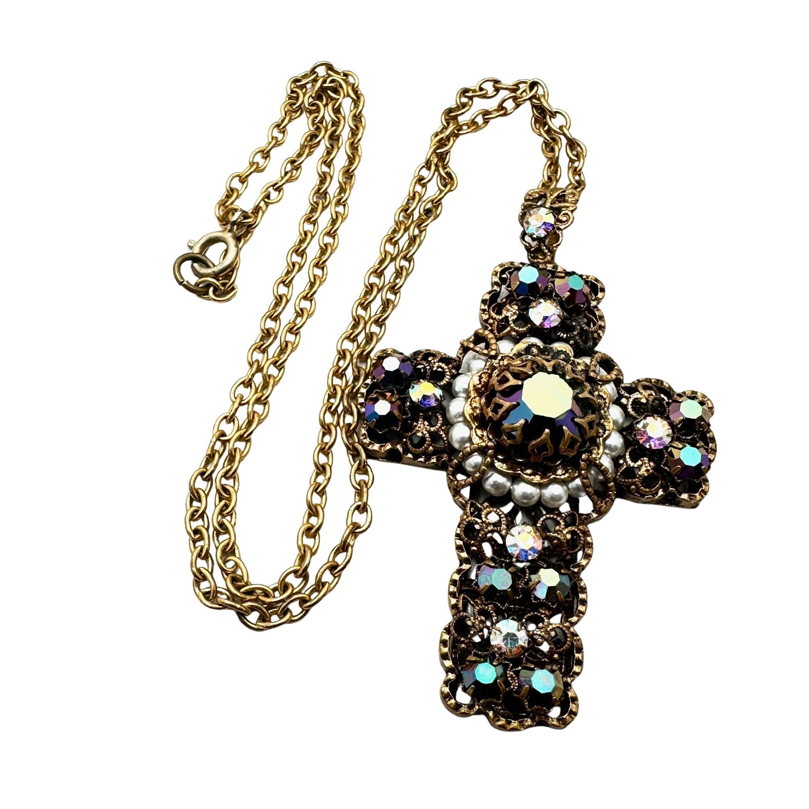 Vintage Aurora Borealis Glass Rhinestone Cross Pendant Necklace 18 Inch Chain: Vintage Aurora Borealis Glass Rhinestone Cross Pendant Necklace 18 Inch Chain