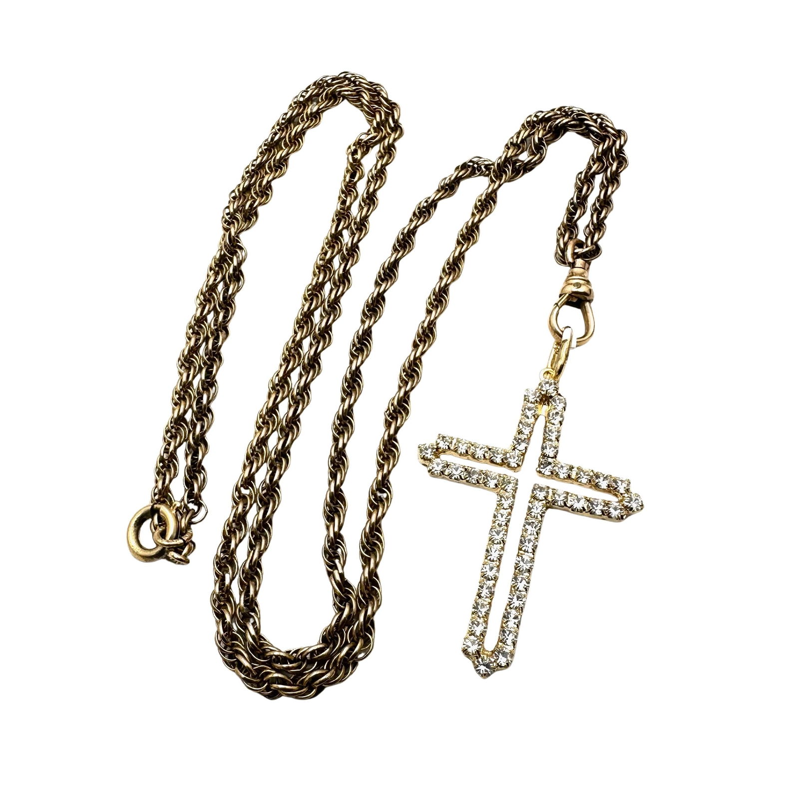 Vintage Gold Filled Crystal Cross Pendant And Watch Chain 24 Inch 13 Grams: Vintage Gold Filled Crystal Cross Pendant And Watch Chain 24 Inch 13 Grams