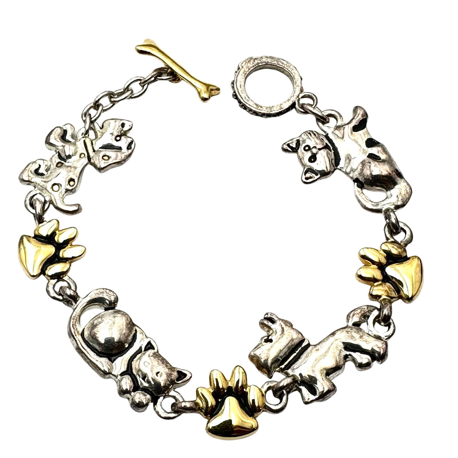 Dog And Cat Design Gold And Silver Tone Toggle Clasp Bracelet 7.5 Inch: Dog And Cat Design Gold And Silver Tone Toggle Clasp Bracelet 7.5 Inch