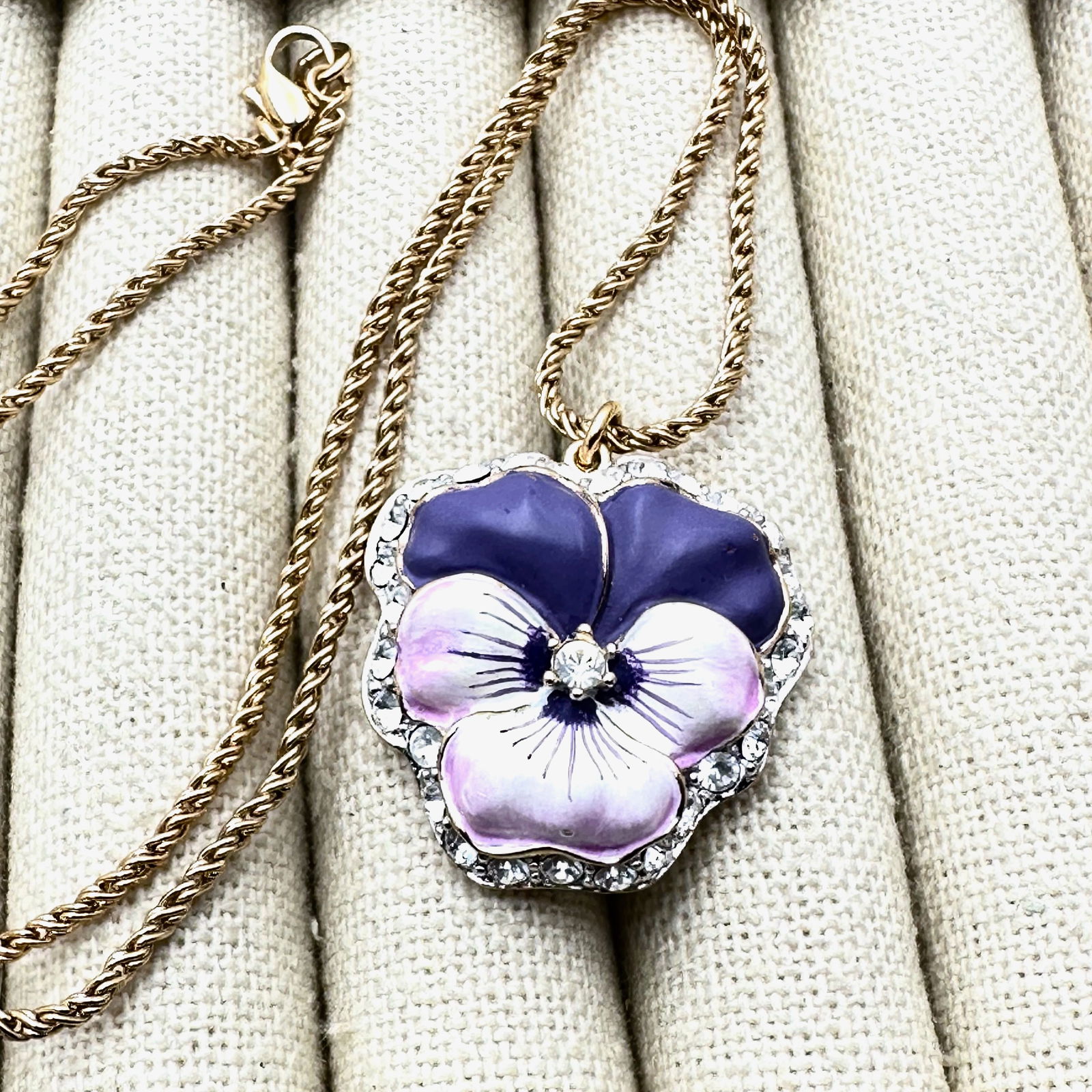 Vintage Nolan Miller Rhinestone Enamel Pansy Flower Pendant Necklace 18 Inch Chain: Vintage Nolan Miller Rhinestone Enamel Pansy Flower Pendant Necklace 18 Inch Chain