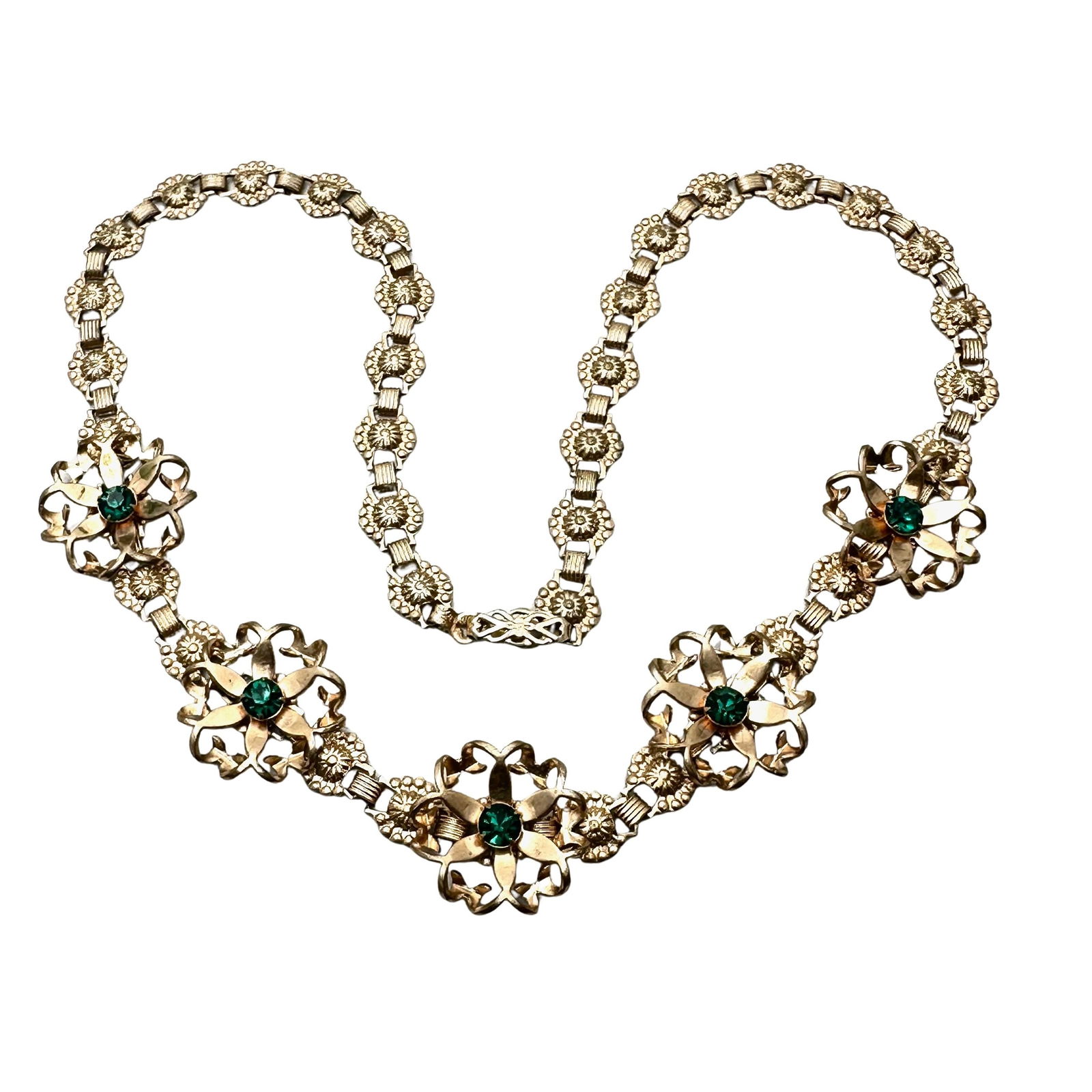 Antique Gold Filled Green Rhinestone Choker Necklace 15 Inch Petite Size: Antique Gold Filled Green Rhinestone Choker Necklace 15 Inch Petite Size