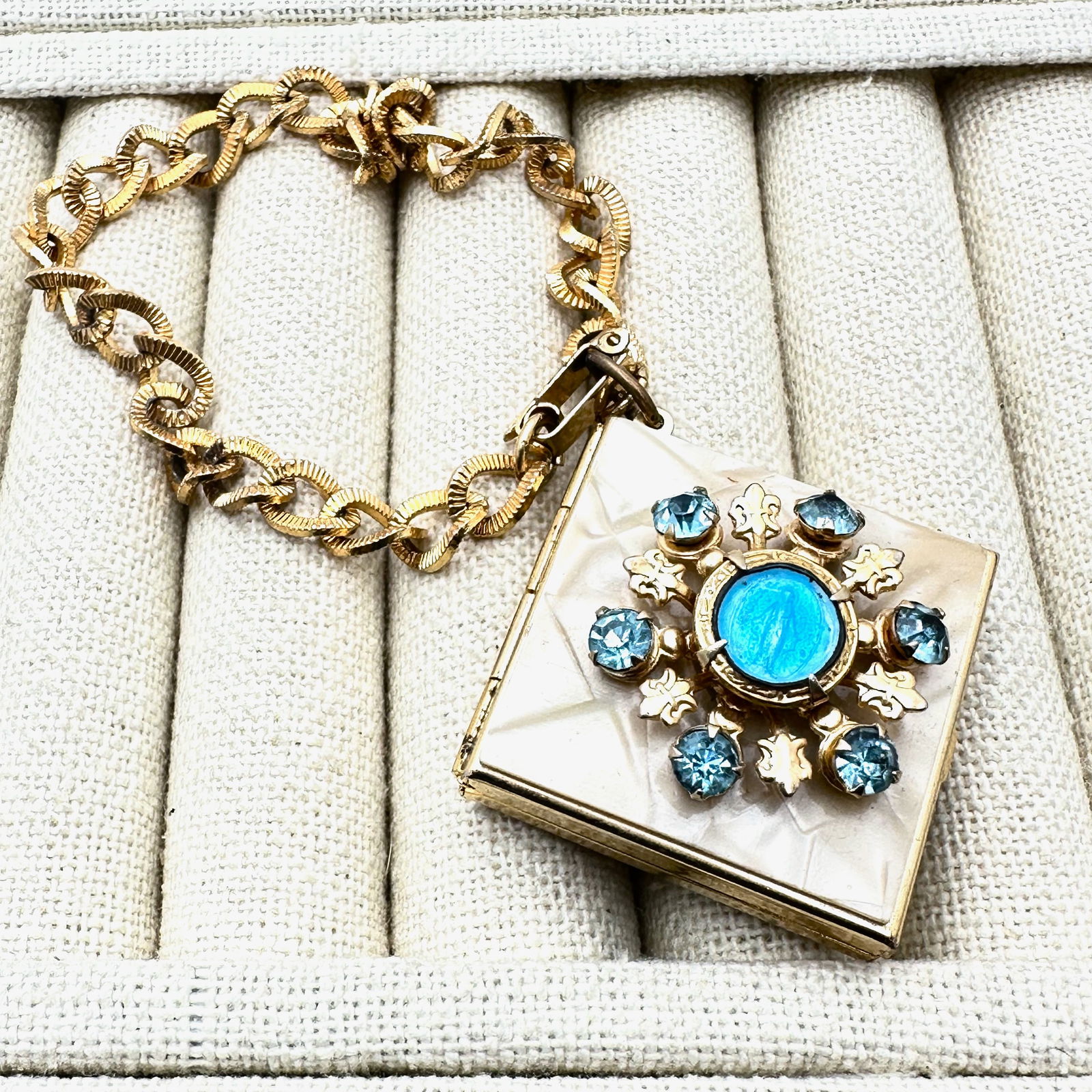 Vintage Gold Tone Bracelet with Picture Locket Charm Blue Guilloche Mary On Cover: Vintage Gold Tone Bracelet with Picture Locket Charm Blue Guilloche Mary On Cover