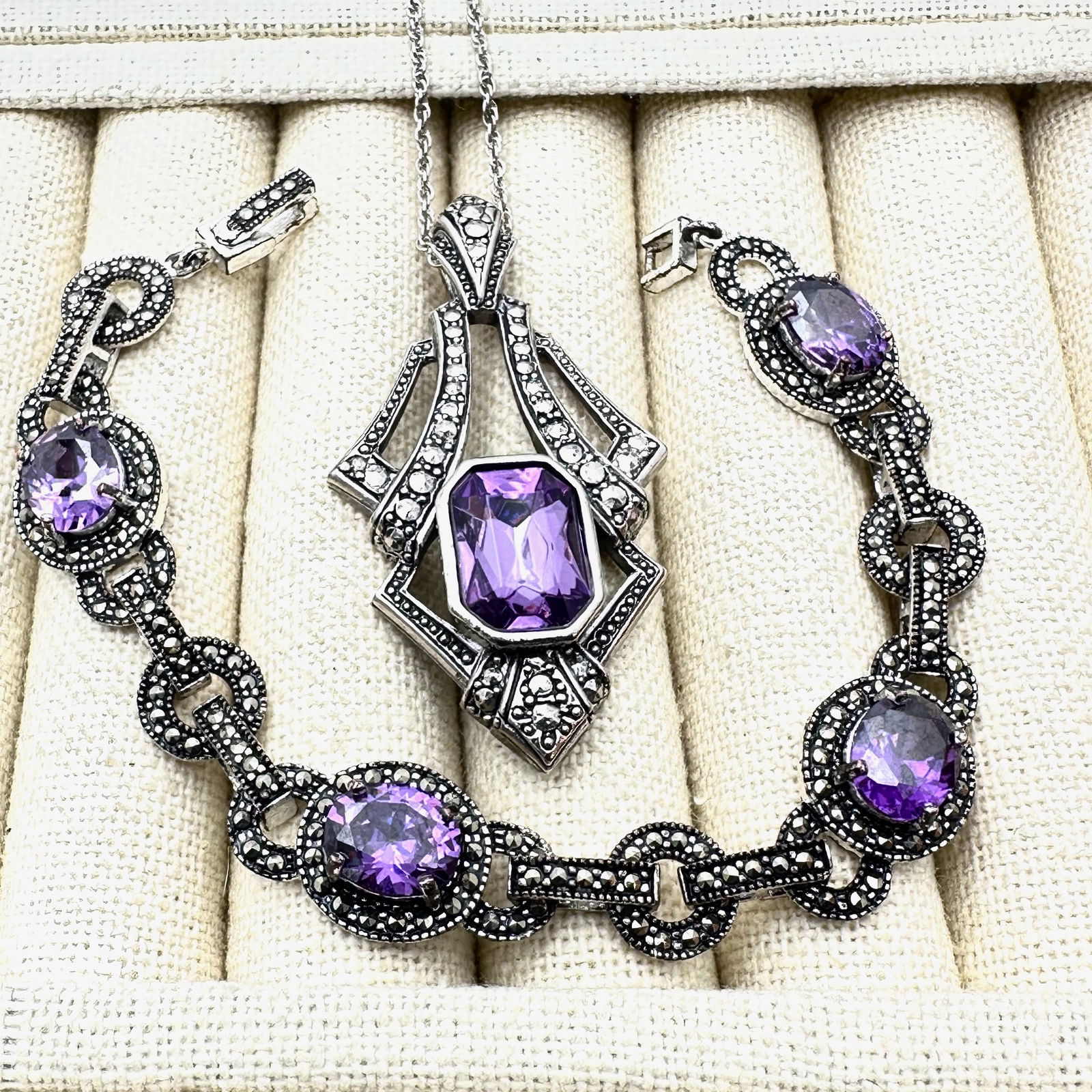 Vintage Purple Glass Rhinestone Silver Tone Pendant Necklace and Coordinating Bracelet (1 of 2)