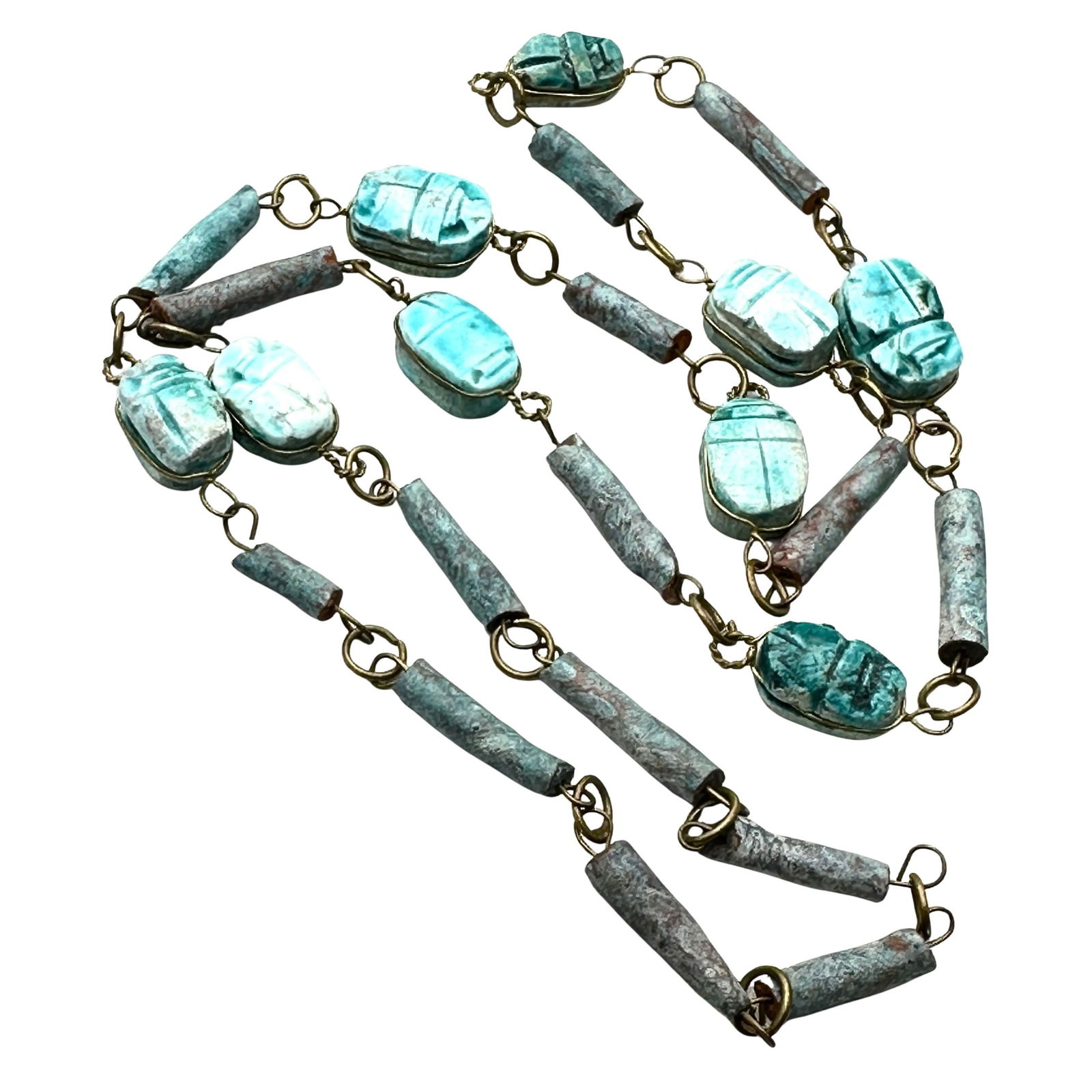 Vintage Faience Scarab Bronze Necklace 24 Inch: Vintage Faience Scarab Bronze Necklace 24 Inch