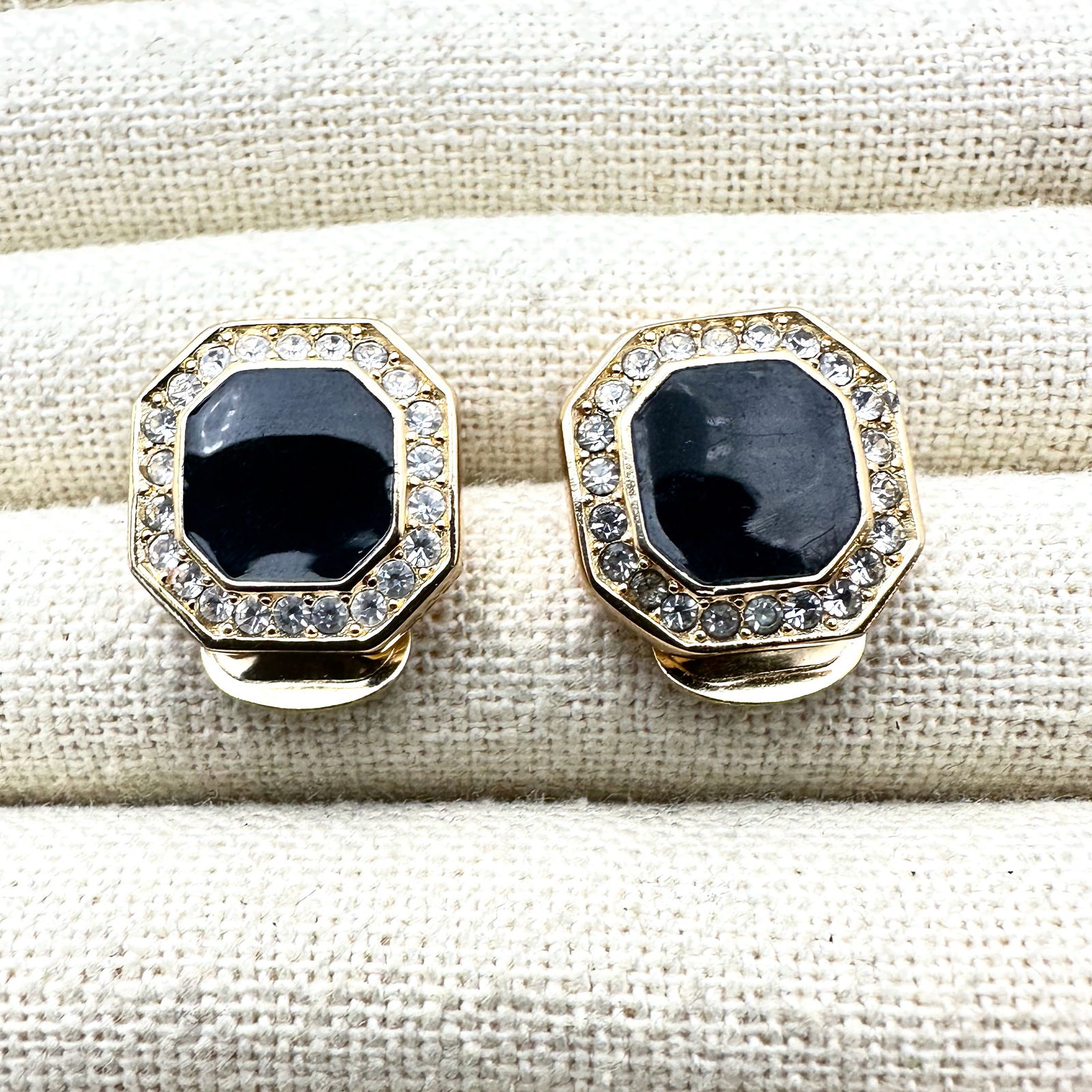Vintage Christian Dior Black And Clear Rhinestone Gold Tone Clip Earrings 3/4 Inch: Vintage Christian Dior Black And Clear Rhinestone Gold Tone Clip Earrings 3/4 Inch