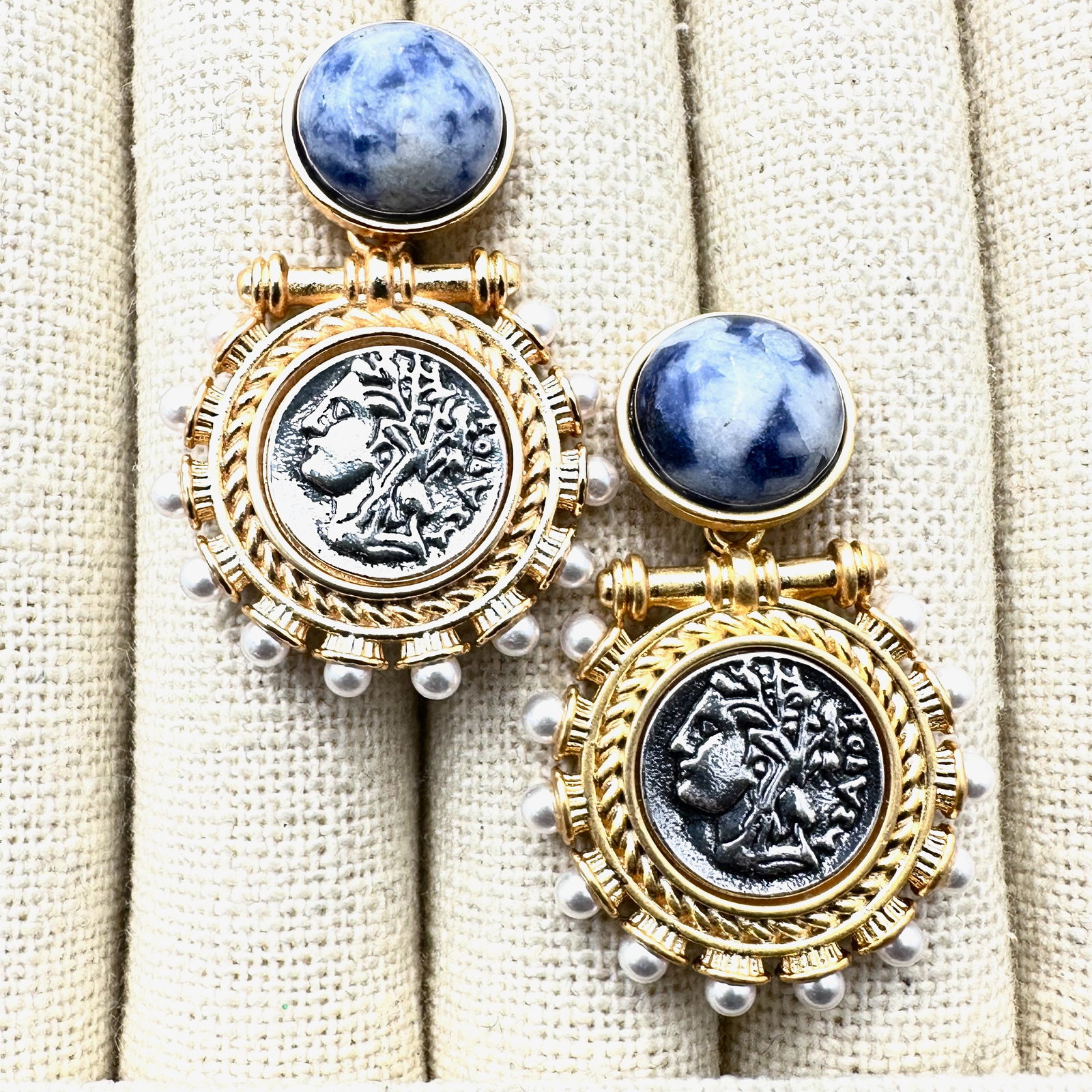 Blue Swirl Gemstone Gold Tone Ancient Coin Design Pierced Earrings 1.5 Inch: Blue Swirl Gemstone Gold Tone Ancient Coin Design Pierced Earrings 1.5 Inch