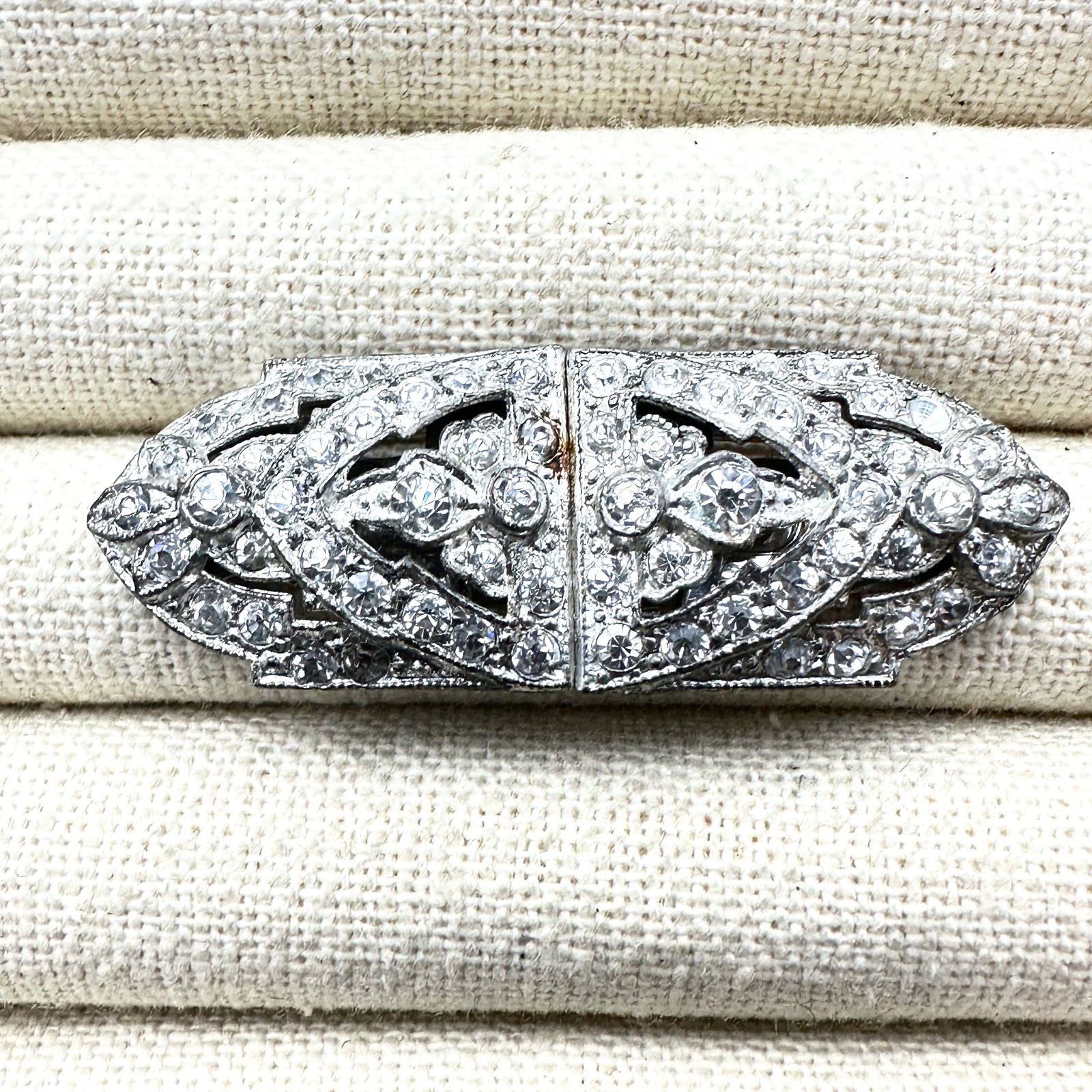 Vintage 1940s Era Pot Metal Clear Glass Rhinestone Duette Brooch Pin Fur Clips Combination: Vintage 1940s Era Pot Metal Clear Glass Rhinestone Duette Brooch Pin Fur Clips Combination