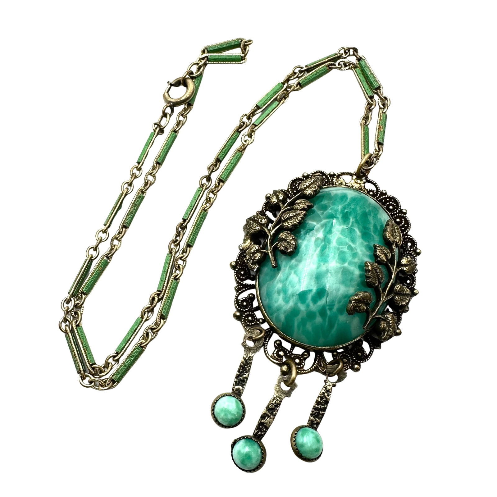 Antique Green Peking Glass Pendant Antiqued Gold Tone Necklace Fancy Enamel Chain 16 Inch: Antique Green Peking Glass Pendant Antiqued Gold Tone Necklace Fancy Enamel Chain 16 Inch