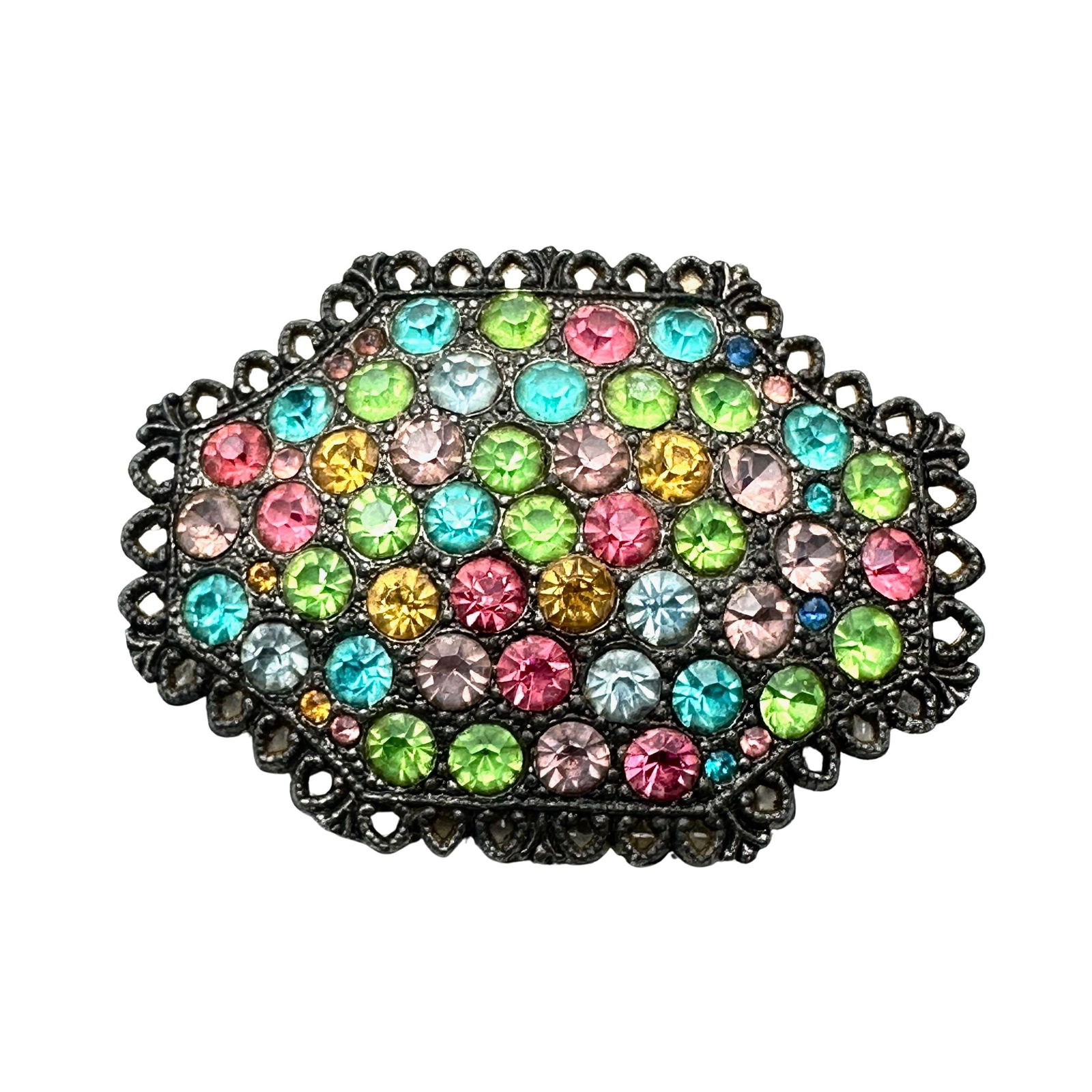 Vintage 1940s Era Silver Pot Metal Multicolor Glass Rhinestone Brooch Pin 2.25 Inch: Vintage 1940s Era Silver Pot Metal Multicolor Glass Rhinestone Brooch Pin 2.25 Inch