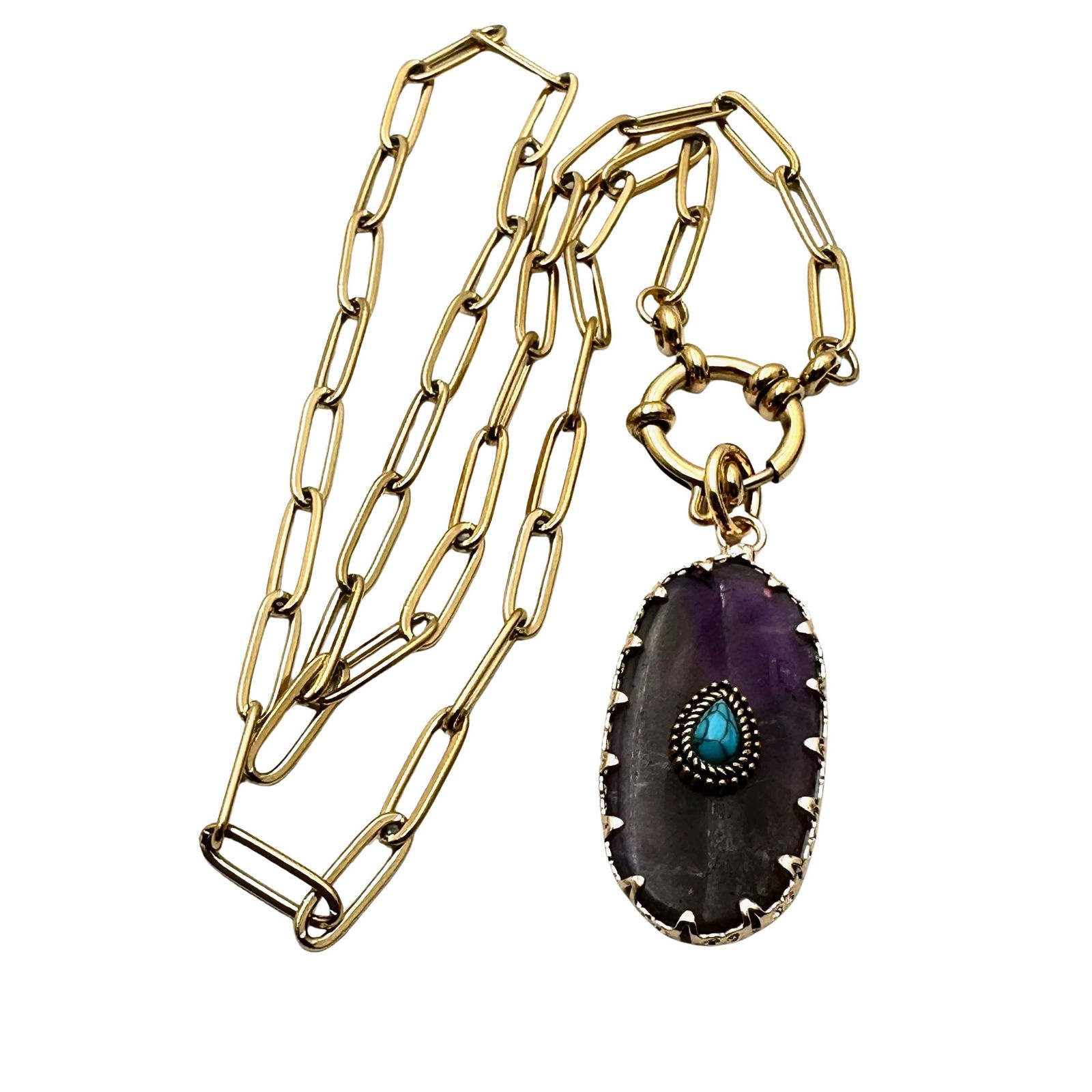 Amethyst Turquoise Pendant Gold Plated Necklace 17 Inch: Amethyst Turquoise Pendant Gold Plated Necklace 17 Inch