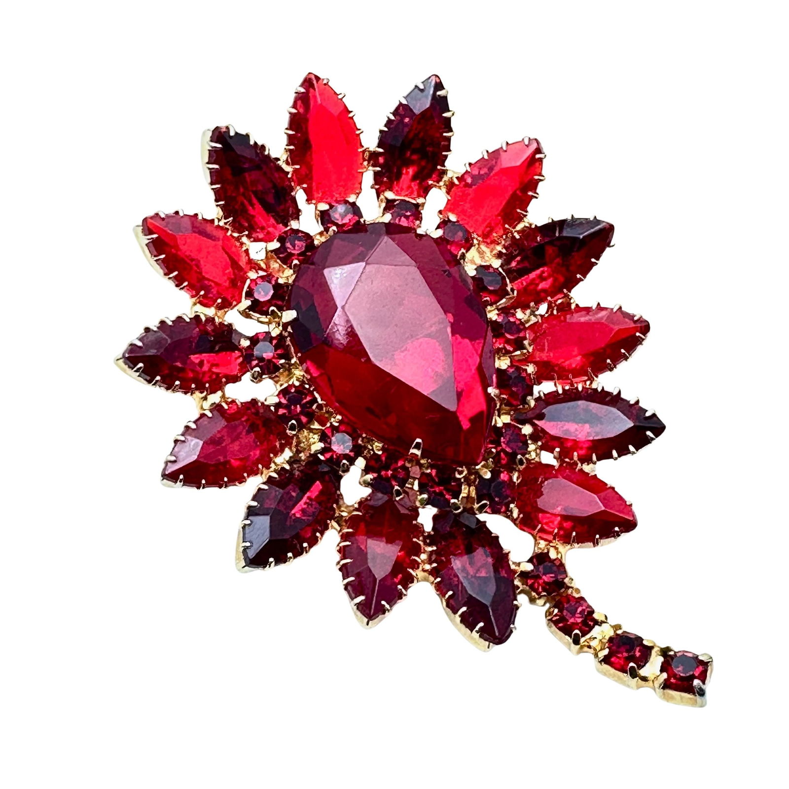 Vintage Juliana? Red Glass Rhinestone Gold Tone Brooch Pin 2.75 Inch: Vintage Juliana? Red Glass Rhinestone Gold Tone Brooch Pin 2.75 Inch