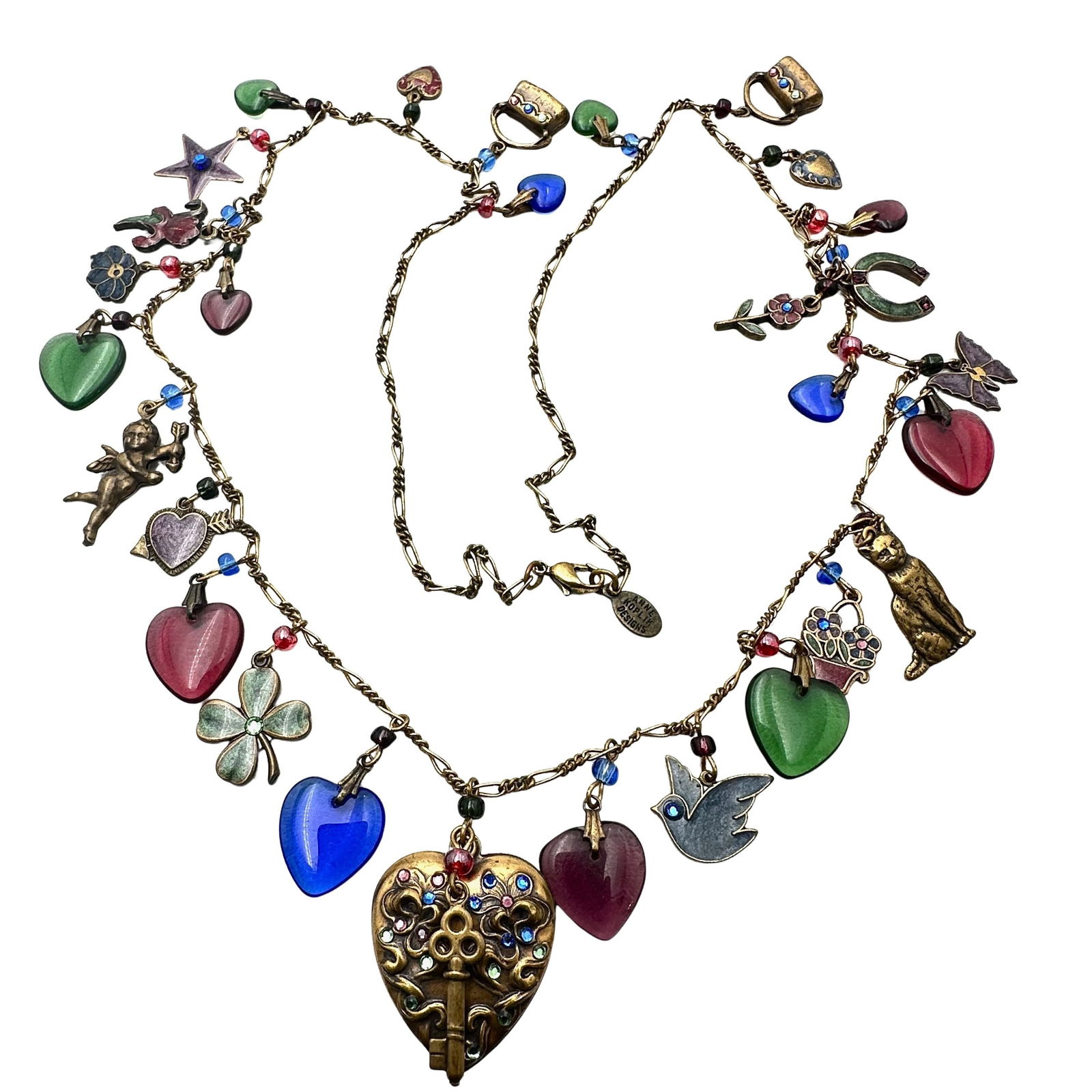 Vintage Anne Koplik Antiqued Gold Tone Multicolor Charm 28 Inch Necklace: Vintage Anne Koplik Antiqued Gold Tone Multicolor Charm 28 Inch Necklace