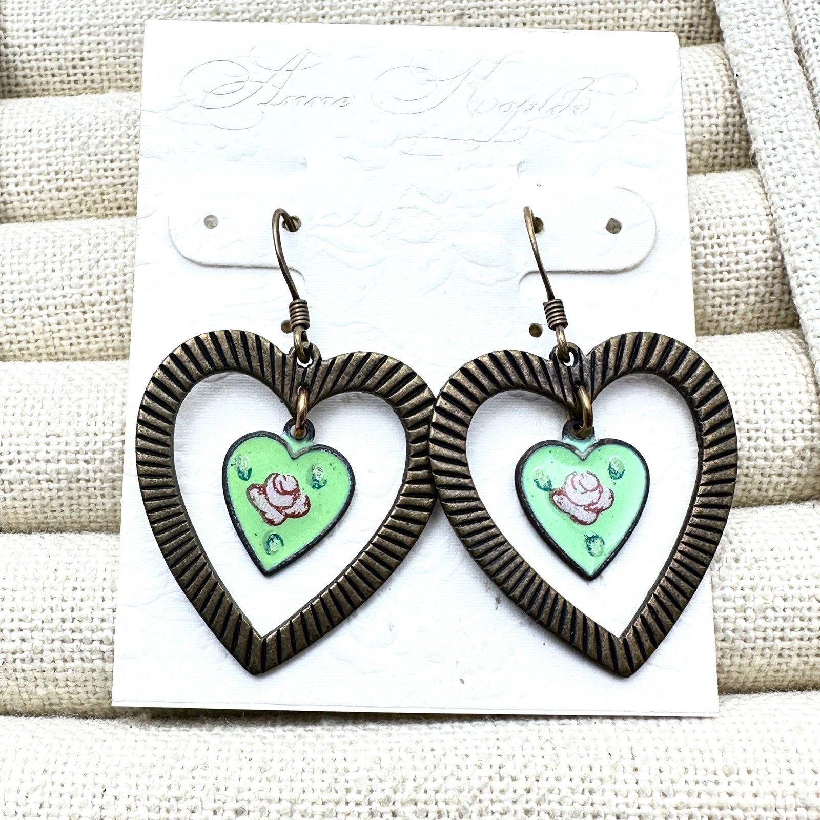 Anne Koplik Pink Green Enamel Heart Antiqued Gold Tone Pierced Chandelier Earrings 1.5 Inch Original: Anne Koplik Pink Green Enamel Heart Antiqued Gold Tone Pierced Chandelier Earrings 1.5 Inch Original Card