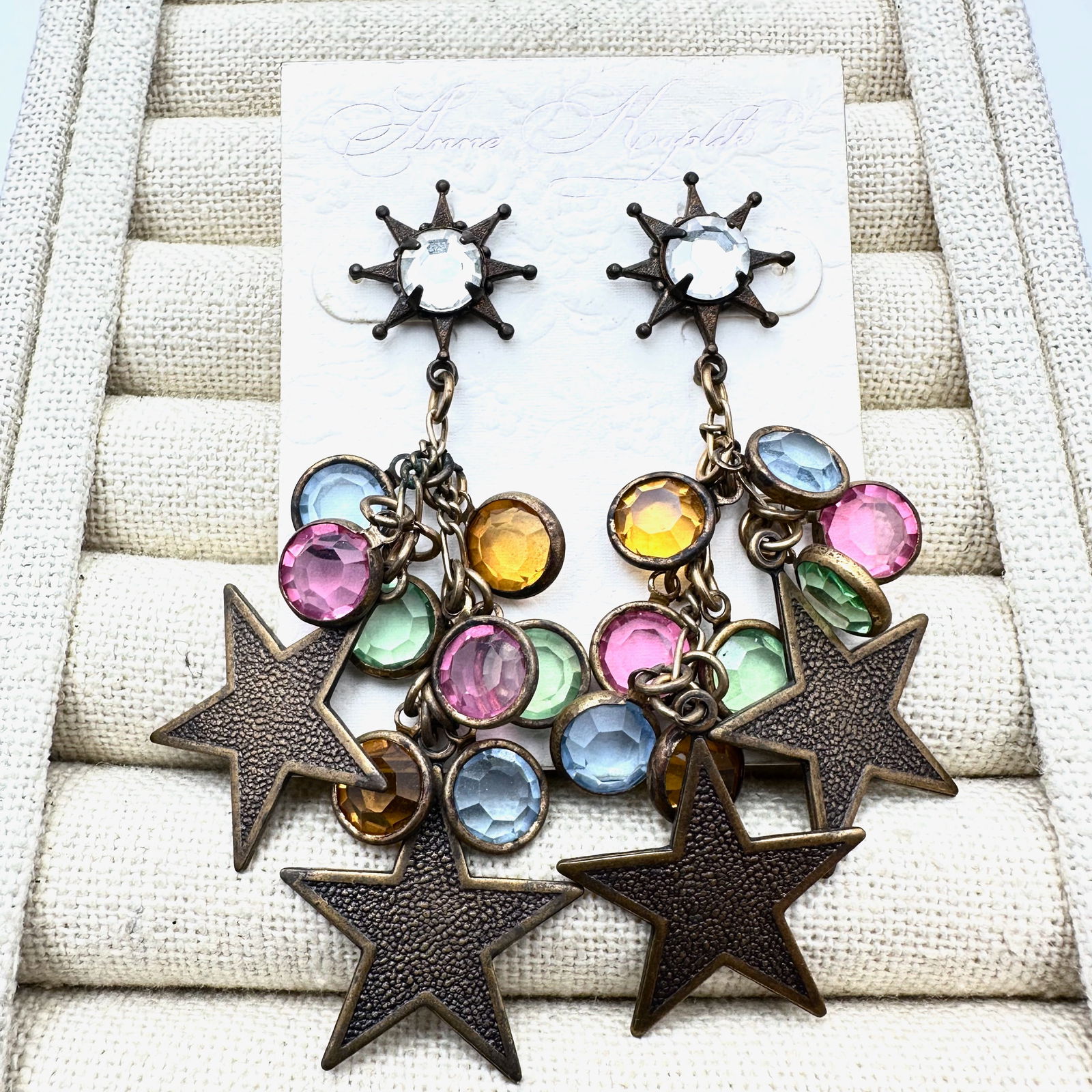 Anne Koplick Multicolor Crystal Antiqued Gold Tone Star Design Pierced Chandelier Earrings 3 Inch: Anne Koplick Multicolor Crystal Antiqued Gold Tone Star Design Pierced Chandelier Earrings 3 Inch Original Card