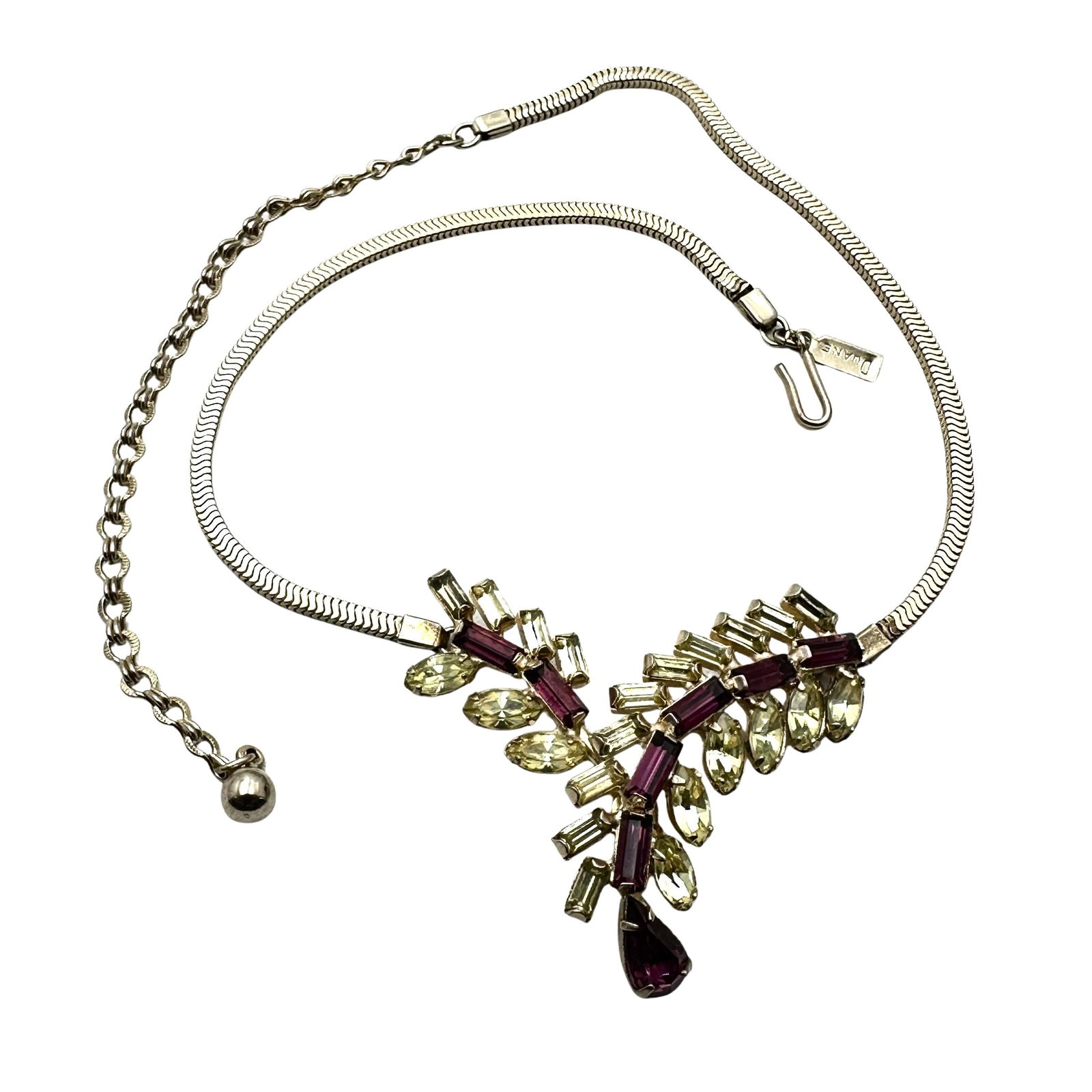 Vintage Duane Purple And Yellow Glass Rhinestone Pendant Gold tone Necklace 16 Inch: Vintage Duane Purple And Yellow Glass Rhinestone Pendant Gold tone Necklace 16 Inch