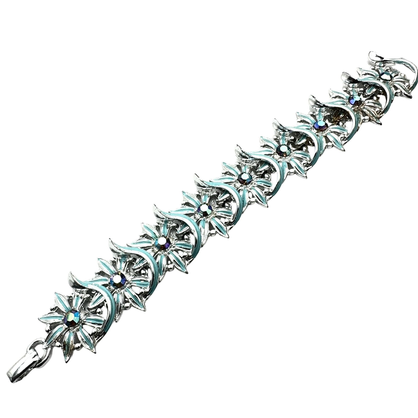 Vintage Blue Enamel Blue Aurora Borealis Glass Rhinestone Silver Tone Bracelet 7 Inch: Vintage Blue Enamel Blue Aurora Borealis Glass Rhinestone Silver Tone Bracelet 7 Inch