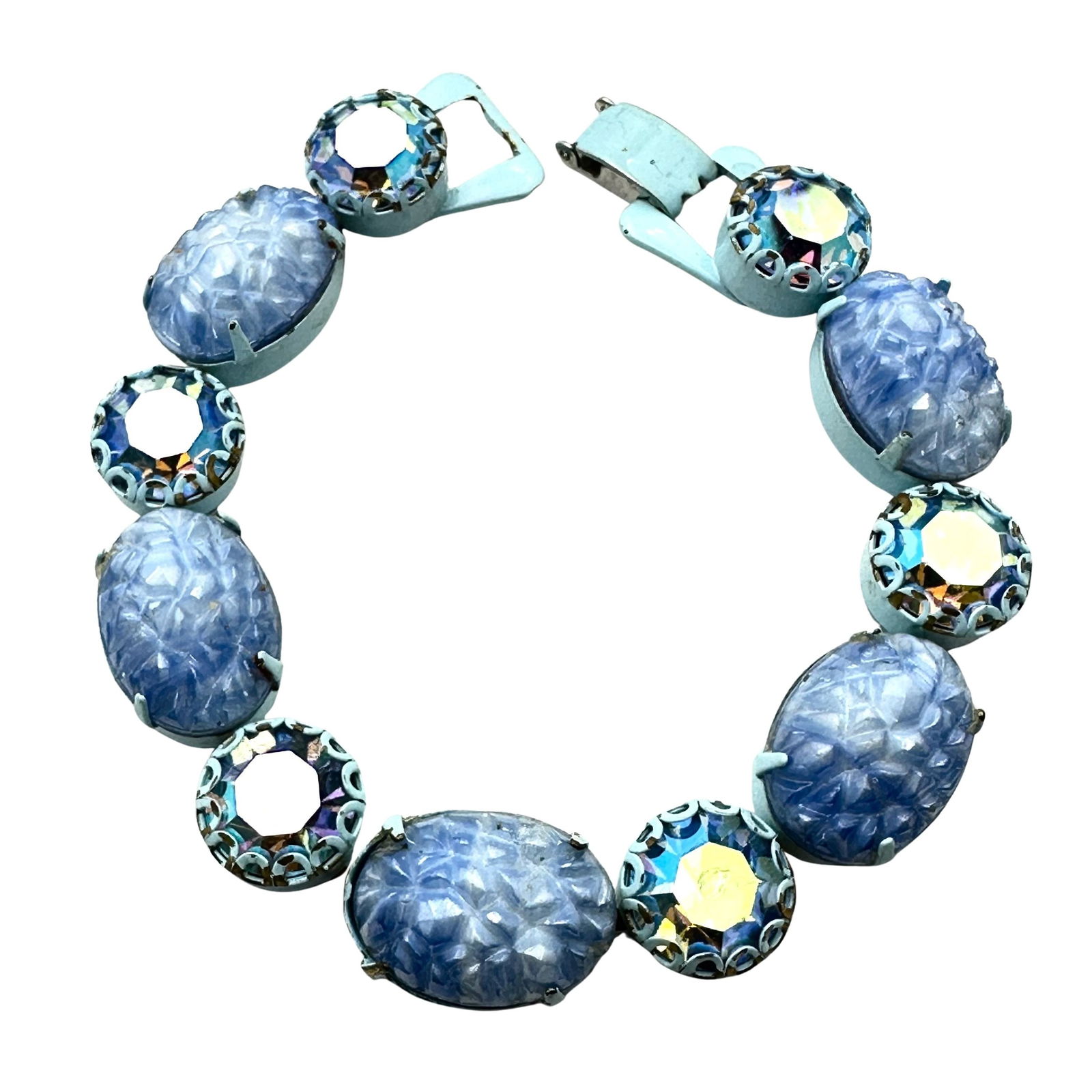 Vintage Weiss Blue Pressed Glass Rhinestone Blue Enamel Bracelet 7.5 Inch: Vintage Weiss Blue Pressed Glass Rhinestone Blue Enamel Bracelet 7.5 Inch