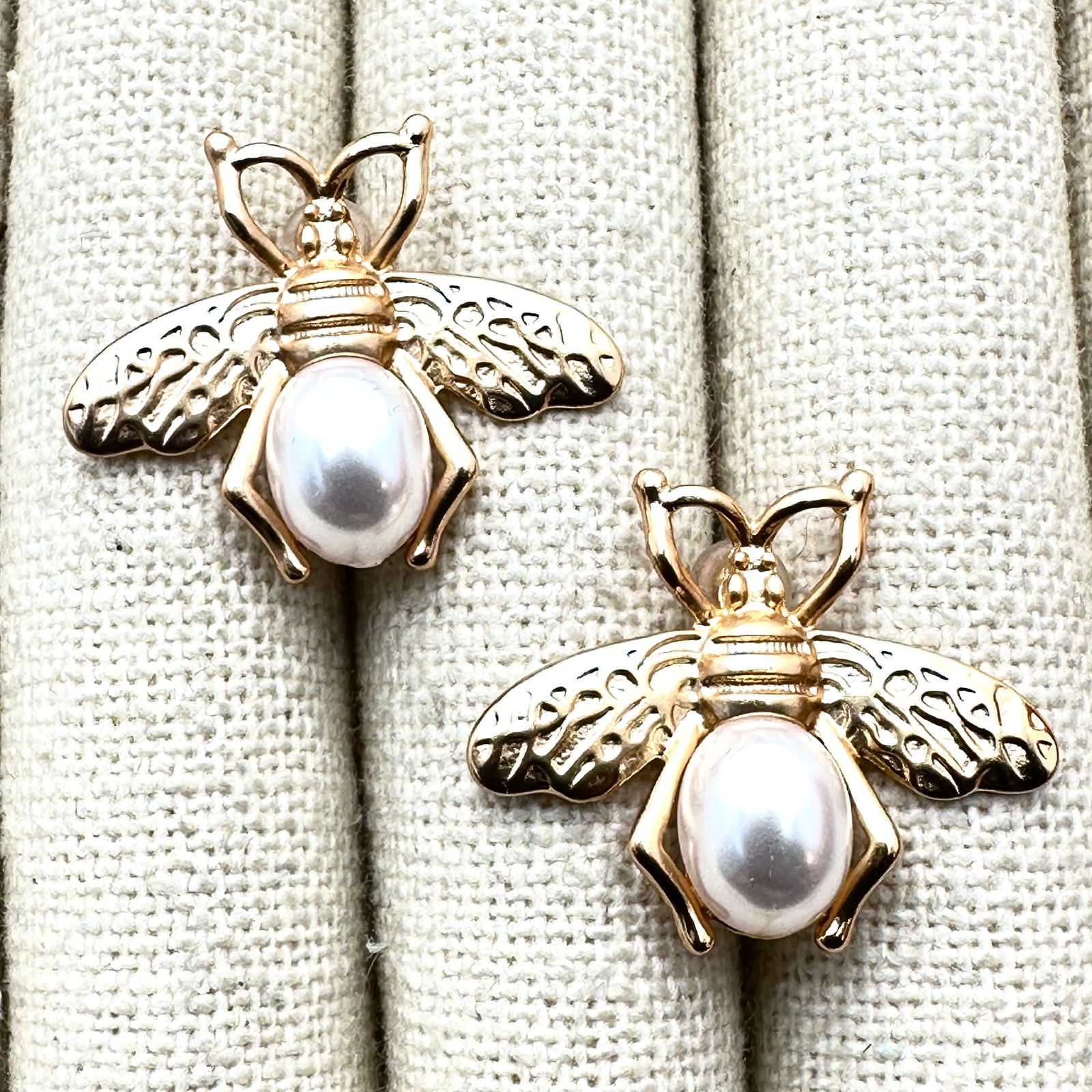 Faux Pearl Matte Gold Tone Butterfly Pierced Earrings: Faux Pearl Matte Gold Tone Butterfly Pierced Earrings
