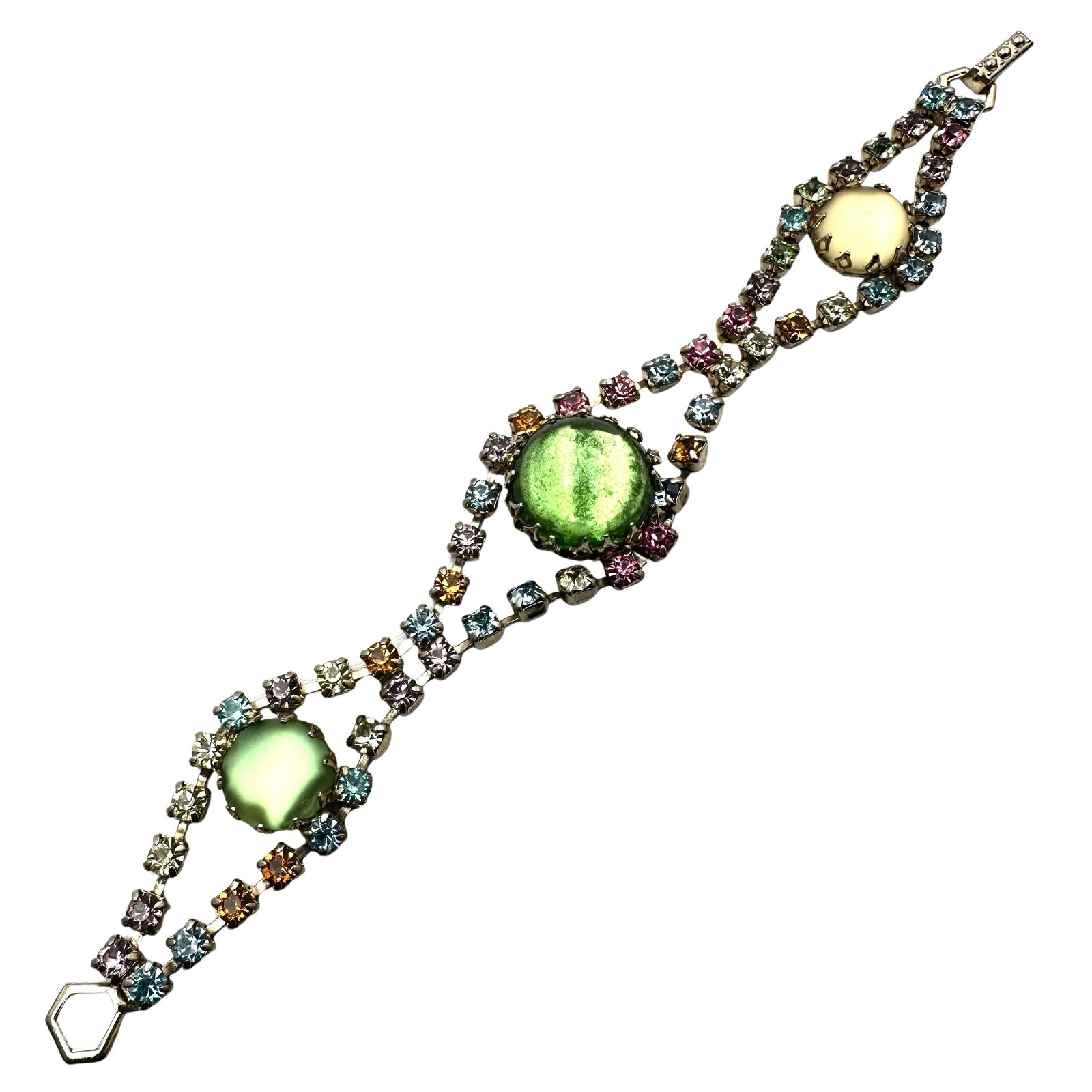 Vintage Pastel Multicolor Glass Rhinestone Gold Tone Bracelet 7 Inch: Vintage Pastel Multicolor Glass Rhinestone Gold Tone Bracelet 7 Inch