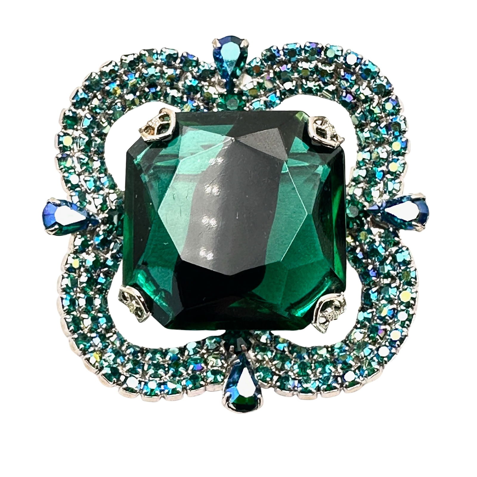 Vintage Blue Green Glass Rhinestone Silver Tone Brooch Pin 2 Inch: Vintage Blue Green Glass Rhinestone Silver Tone Brooch Pin 2 Inch