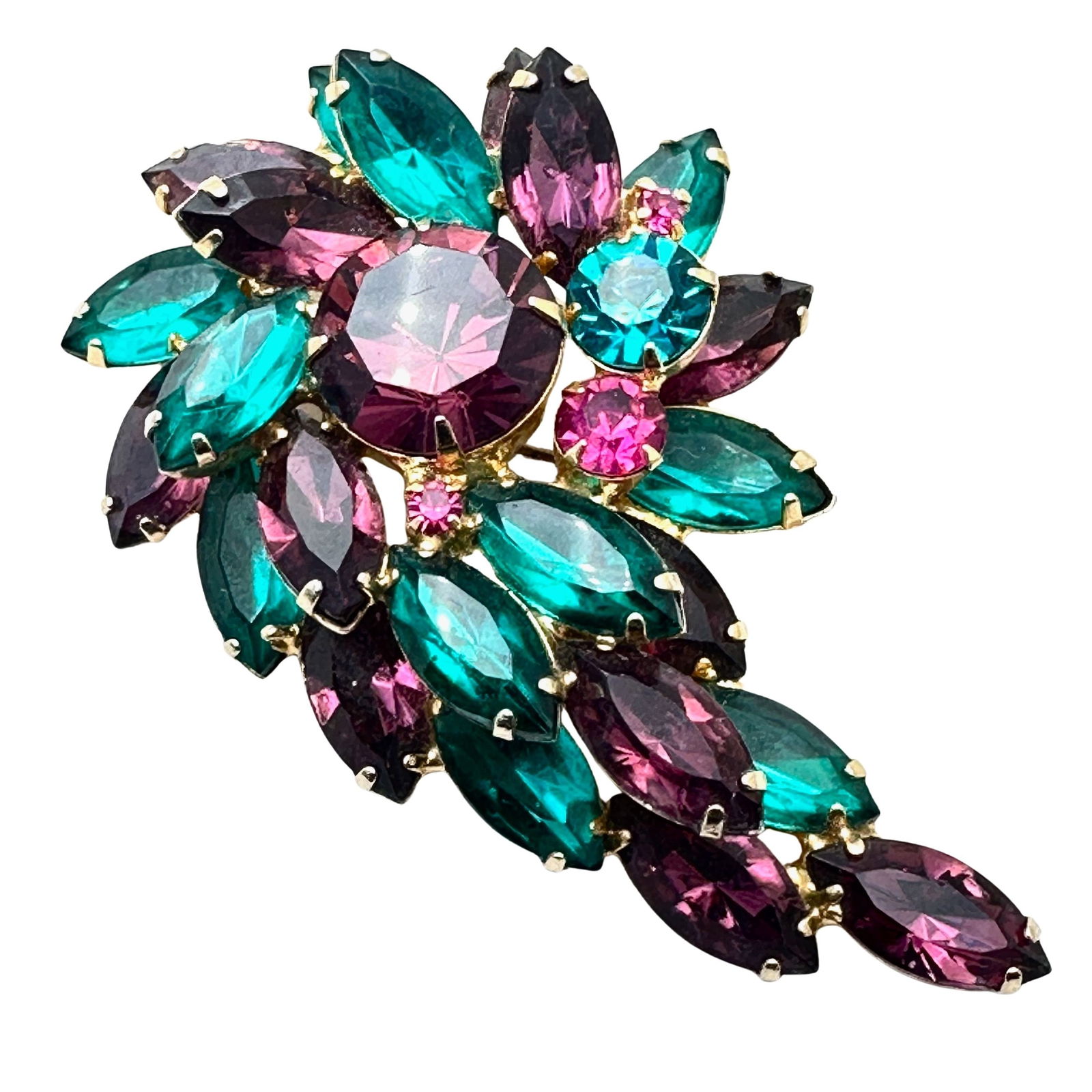 Vintage Juliana Teal Blue Purple Pink Glass Rhinestone Gold Tone Brooch Pin 3 Inch: Vintage Juliana Teal Blue Purple Pink Glass Rhinestone Gold Tone Brooch Pin 3 Inch