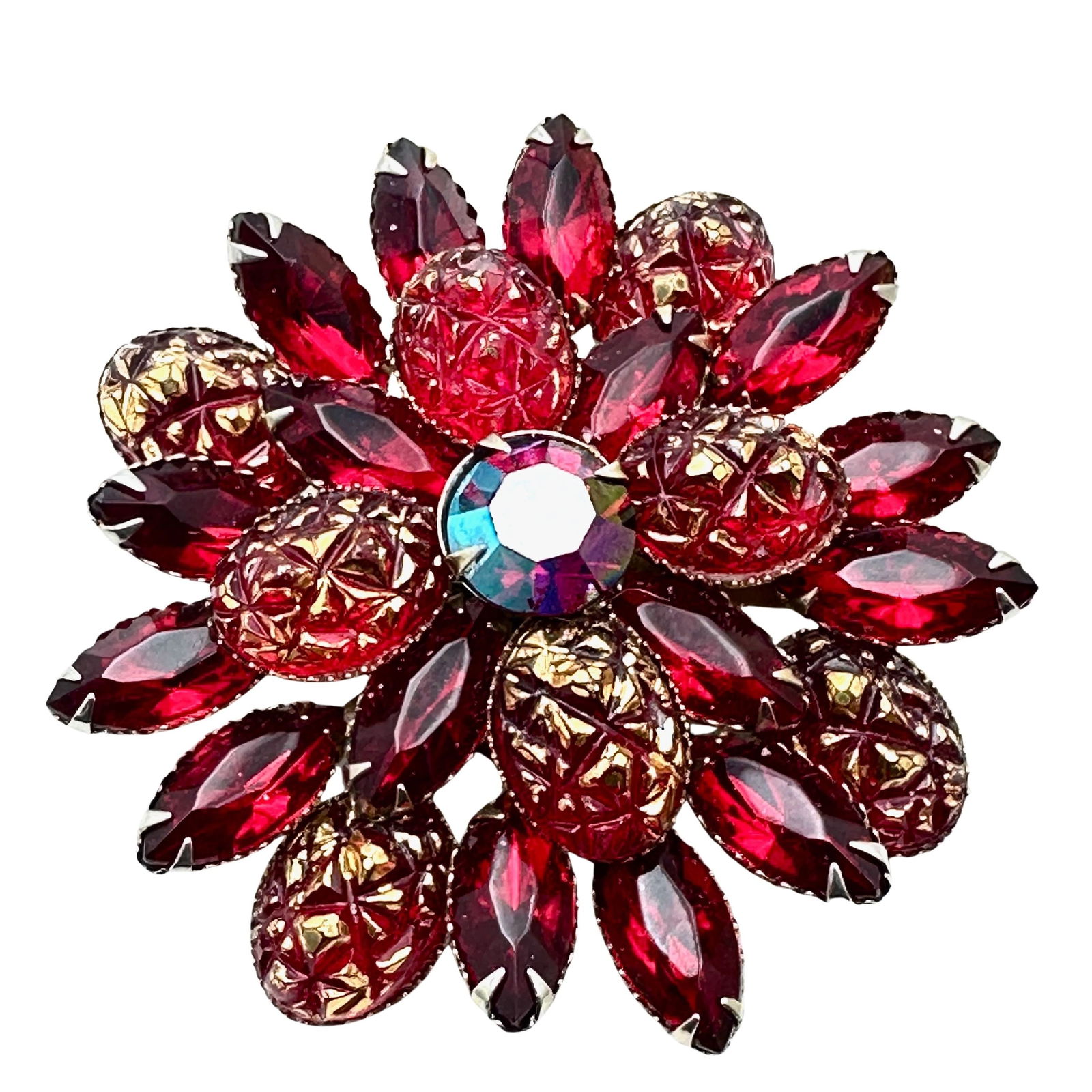 Vintage Red Pressed Glass Rhinestone Gold Tone Brooch Pin 2.5 Inch: Vintage Red Pressed Glass Rhinestone Gold Tone Brooch Pin 2.5 Inch