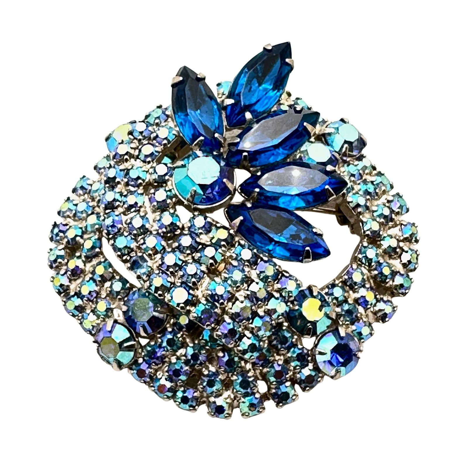 Vintage Blue Aurora Borealis Glass Rhinestone Silver Tone Brooch Pin 2 Inch Layered Design: Vintage Blue Aurora Borealis Glass Rhinestone Silver Tone Brooch Pin 2 Inch Layered Design