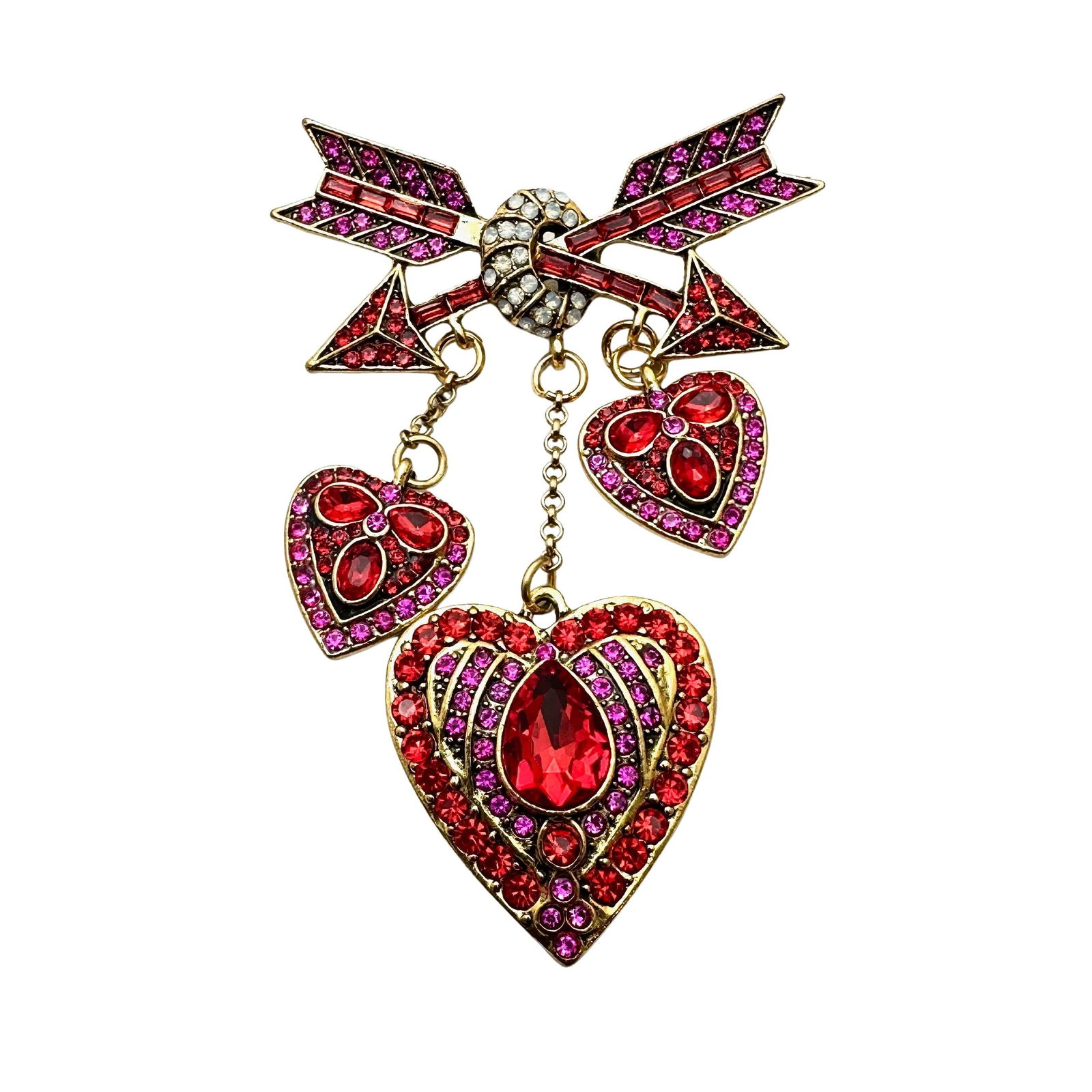 Red And Pink Glass Rhinestone Gold Tone Hearts and Arrows Brooch Pin 3 Inch (1 of 2)