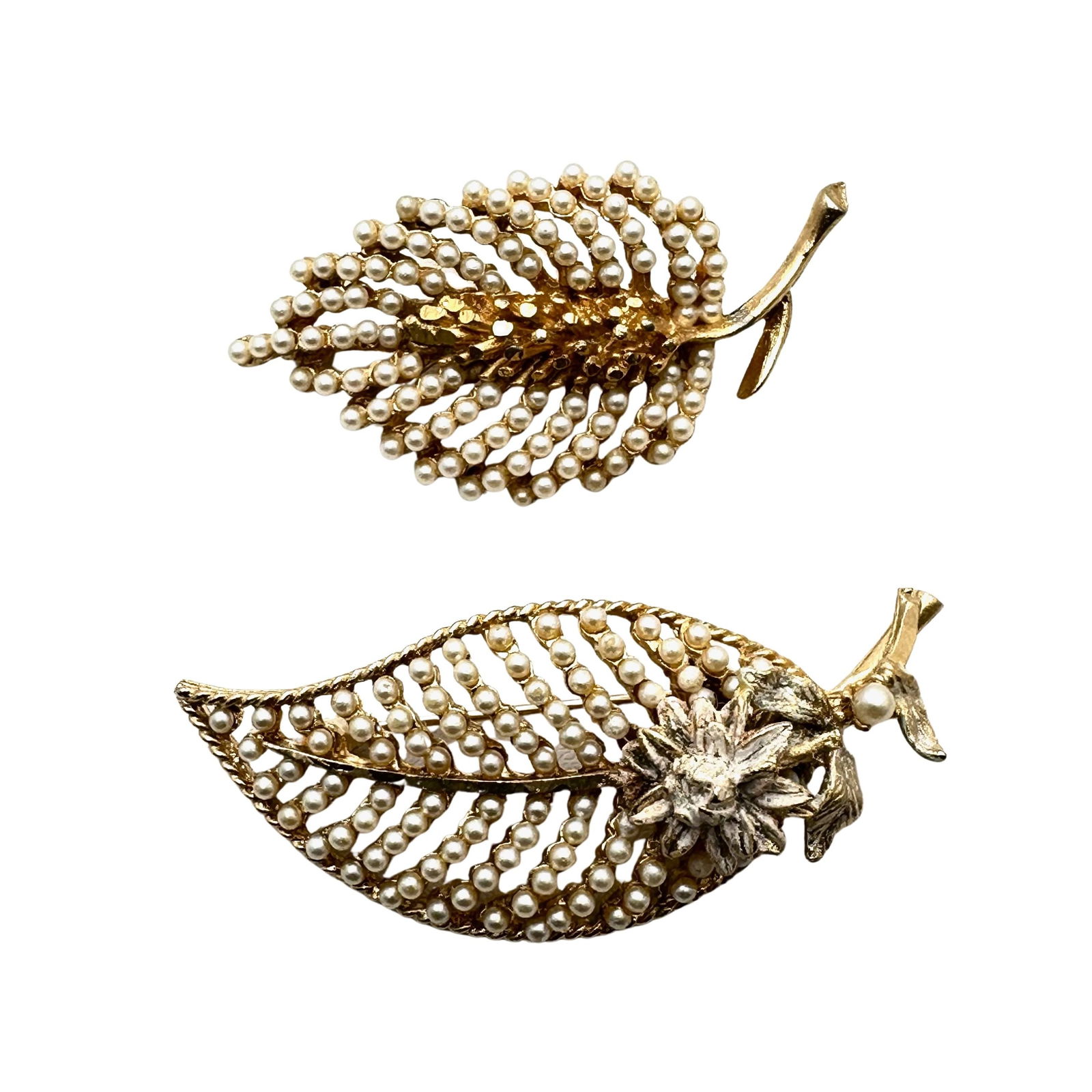 Vintage Group of Two BSK Faux Pearl Gold Tone Brooches Pins: Vintage Group of Two BSK Faux Pearl Gold Tone Brooches Pins