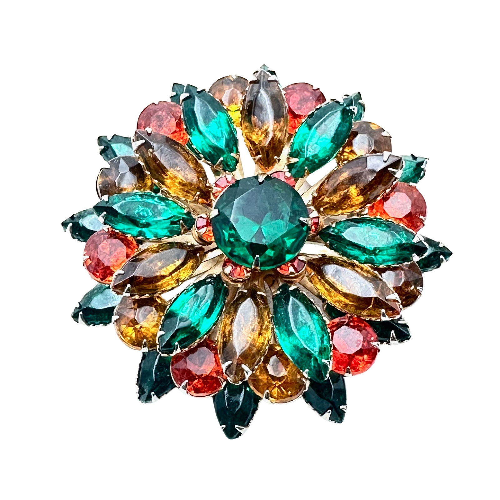 Vintage Amber Green Orange Glass Rhinestone Gold Tone Layered Brooch Pin 2 Inch: Vintage Amber Green Orange Glass Rhinestone Gold Tone Layered Brooch Pin 2 Inch