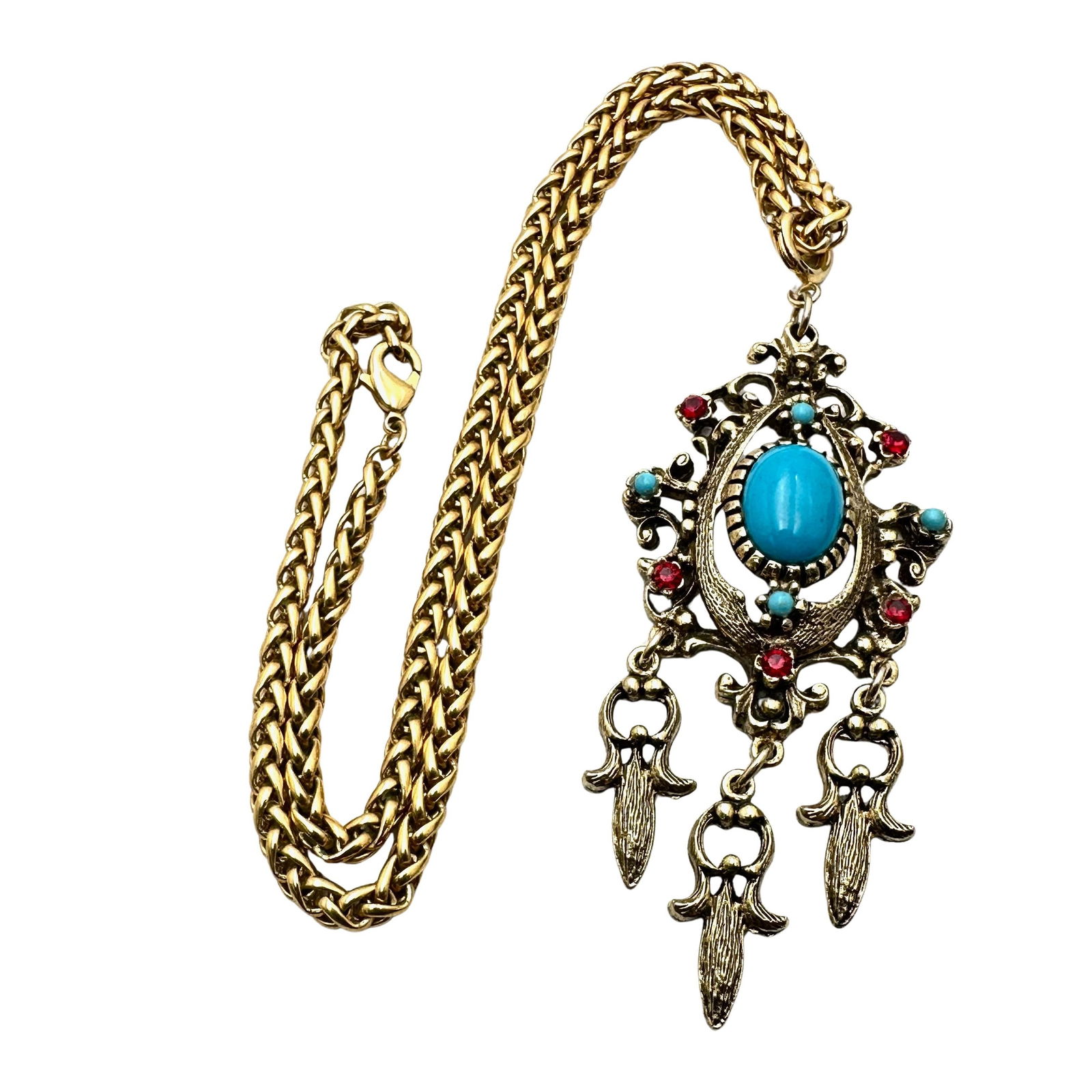 Vintage Celebrity Turquoise Blue And Red Rhinestone Gold Tone Pendant Necklace 16 Inch Chain: Vintage Celebrity Turquoise Blue And Red Rhinestone Gold Tone Pendant Necklace 16 Inch Chain