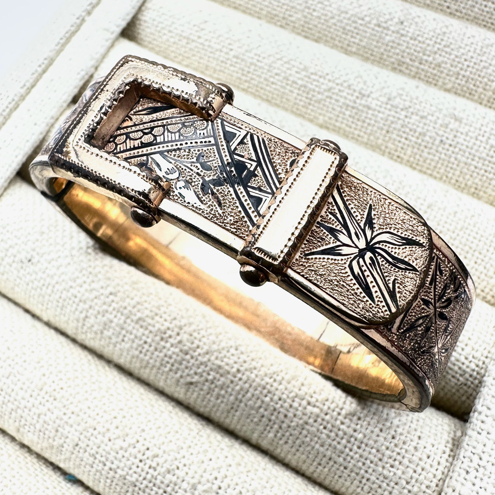 Antique Victorian Gold Filled Black Enamel Hinged Bangle Bracelet Petite Size 6 Inch (1 of 2)