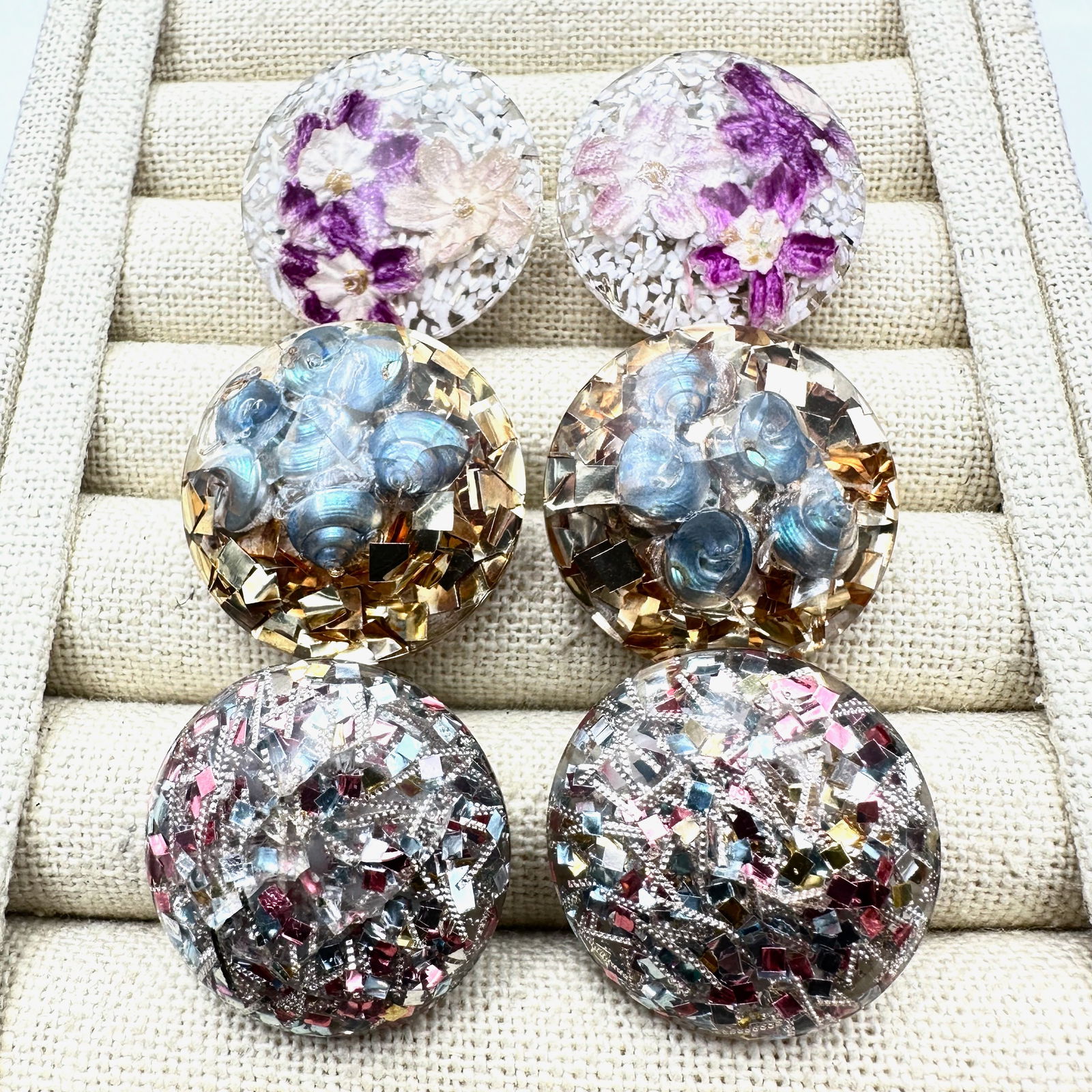 Vintage Group of Three Pair of Early Plastic Confetti Lucite Clip Earrings: Vintage Group of Three Pair of Early Plastic Confetti Lucite Clip Earrings