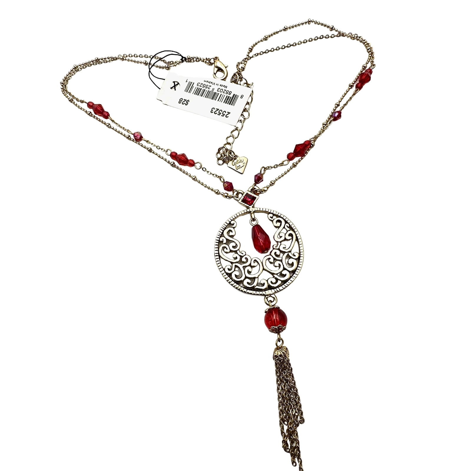 Vintage Cookie Lee Red Glass Bead Gold Tone Pendant Necklace 16 Inch Original Tag Attached: Vintage Cookie Lee Red Glass Bead Gold Tone Pendant Necklace 16 Inch Original Tag Attached