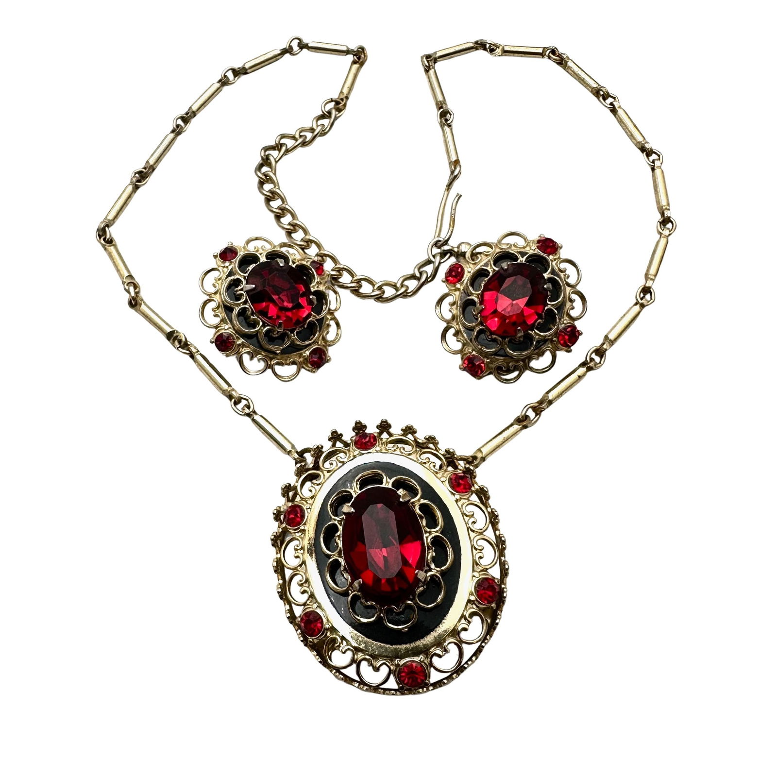 Vintage Coro Red Glass Rhinestone Gold Tone Pendant Necklace and Matching Clip Earrings Set: Vintage Coro Red Glass Rhinestone Gold Tone Pendant Necklace and Matching Clip Earrings Set