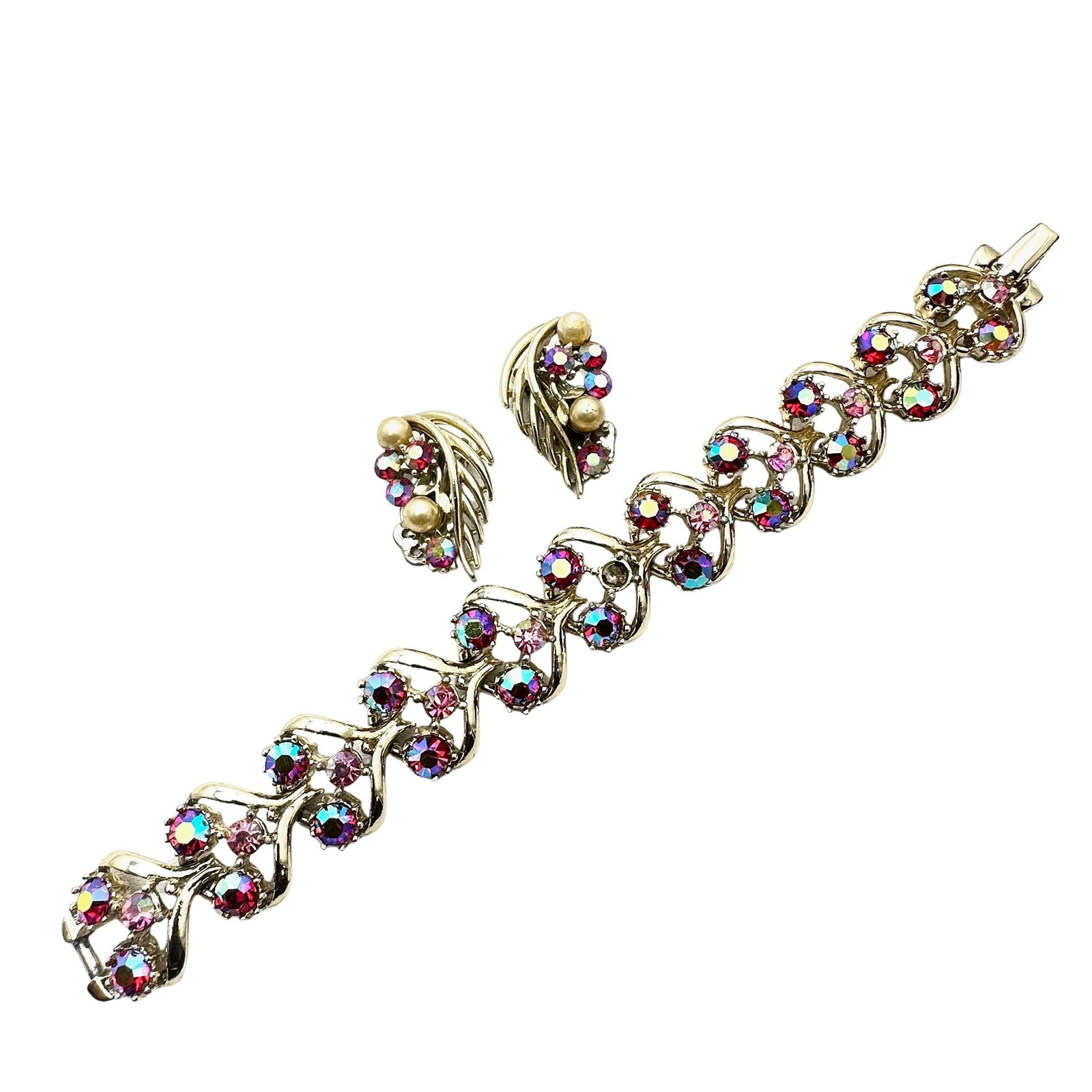 Vintage Lisner Red Aurora Borealis Glass Rhinestone Gold Tone 7 Inch Bracelet and Clip Earrings: Vintage Lisner Red Aurora Borealis Glass Rhinestone Gold Tone 7 Inch Bracelet and Clip Earrings