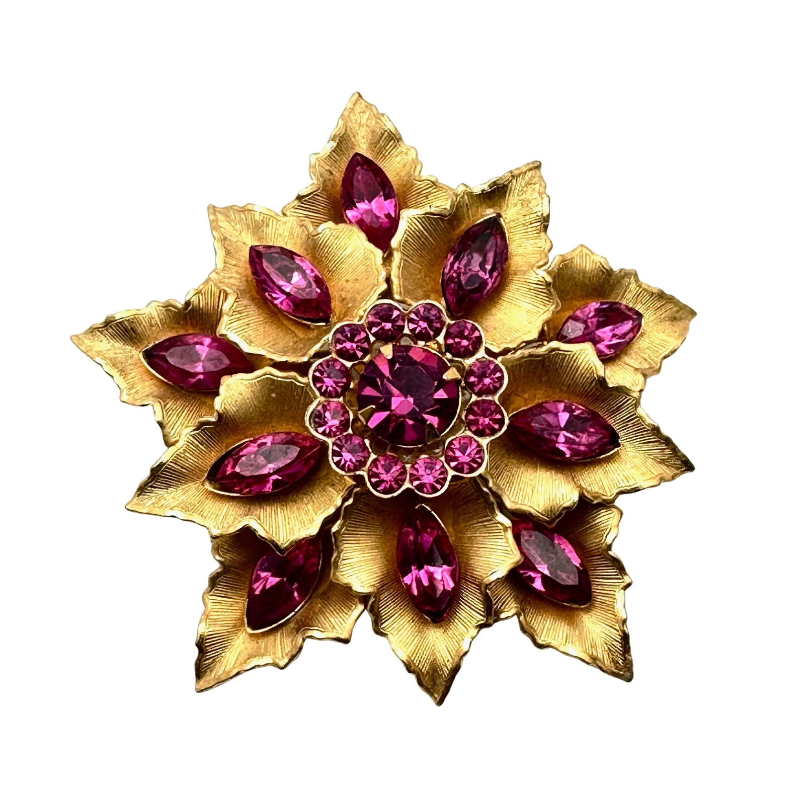 Vintage Dark Pink Glass Rhinestone Gold Tone Brooch Pin 2.25 Inch: Vintage Dark Pink Glass Rhinestone Gold Tone Brooch Pin 2.25 Inch