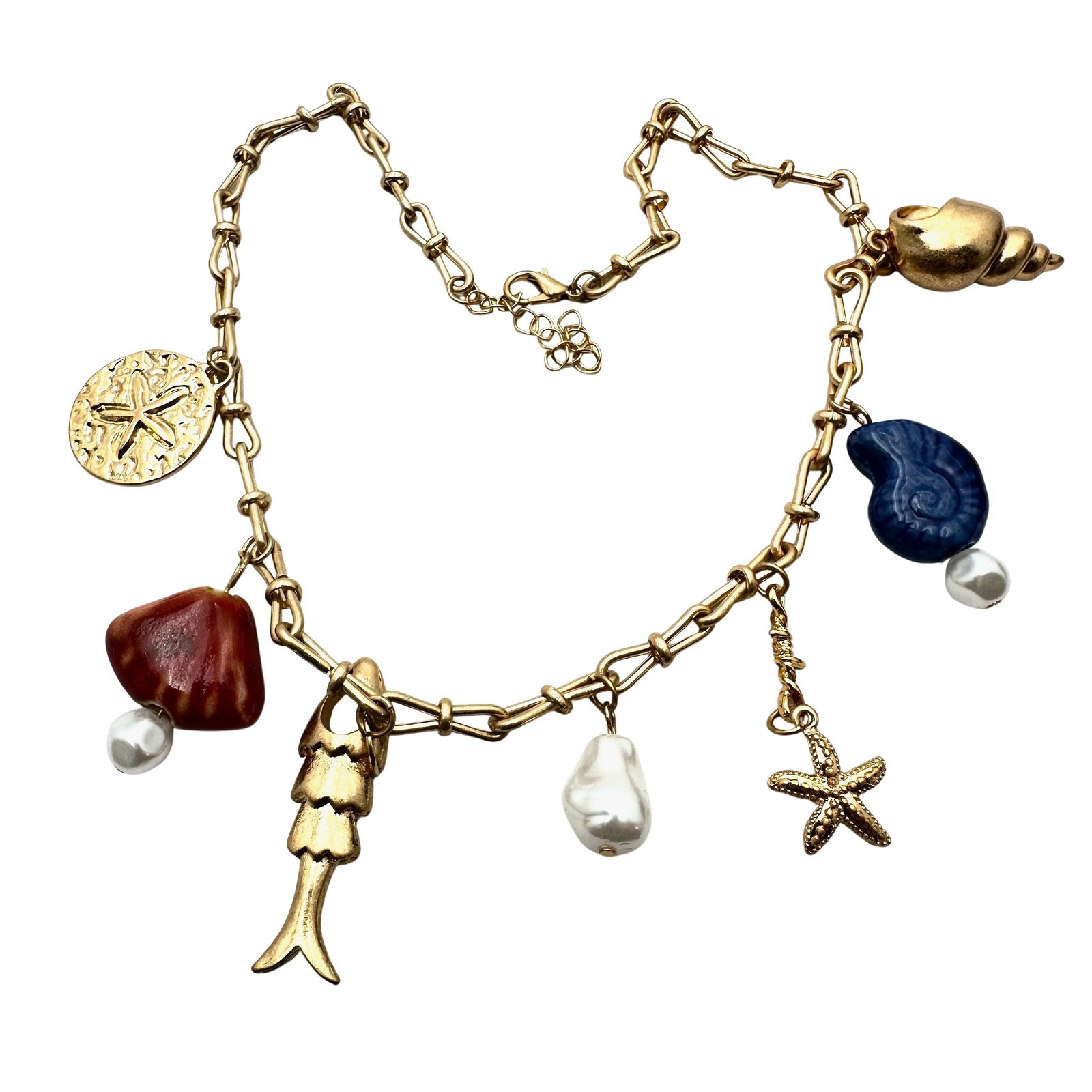 Matte Gold Tone Sea Shell Fish San dollar Charm Necklace 16 Inch: Matte Gold Tone Sea Shell Fish San dollar Charm Necklace 16 Inch