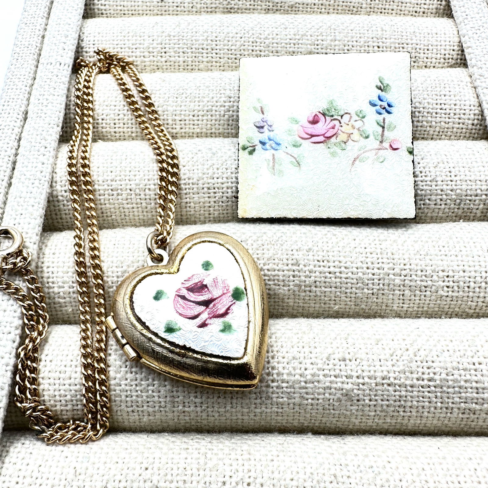 Vintage Guilloche Enamel Gold Tone Heart Locket Necklace and Enamel Brooch Pin: Vintage Guilloche Enamel Gold Tone Heart Locket Necklace and Enamel Brooch Pin