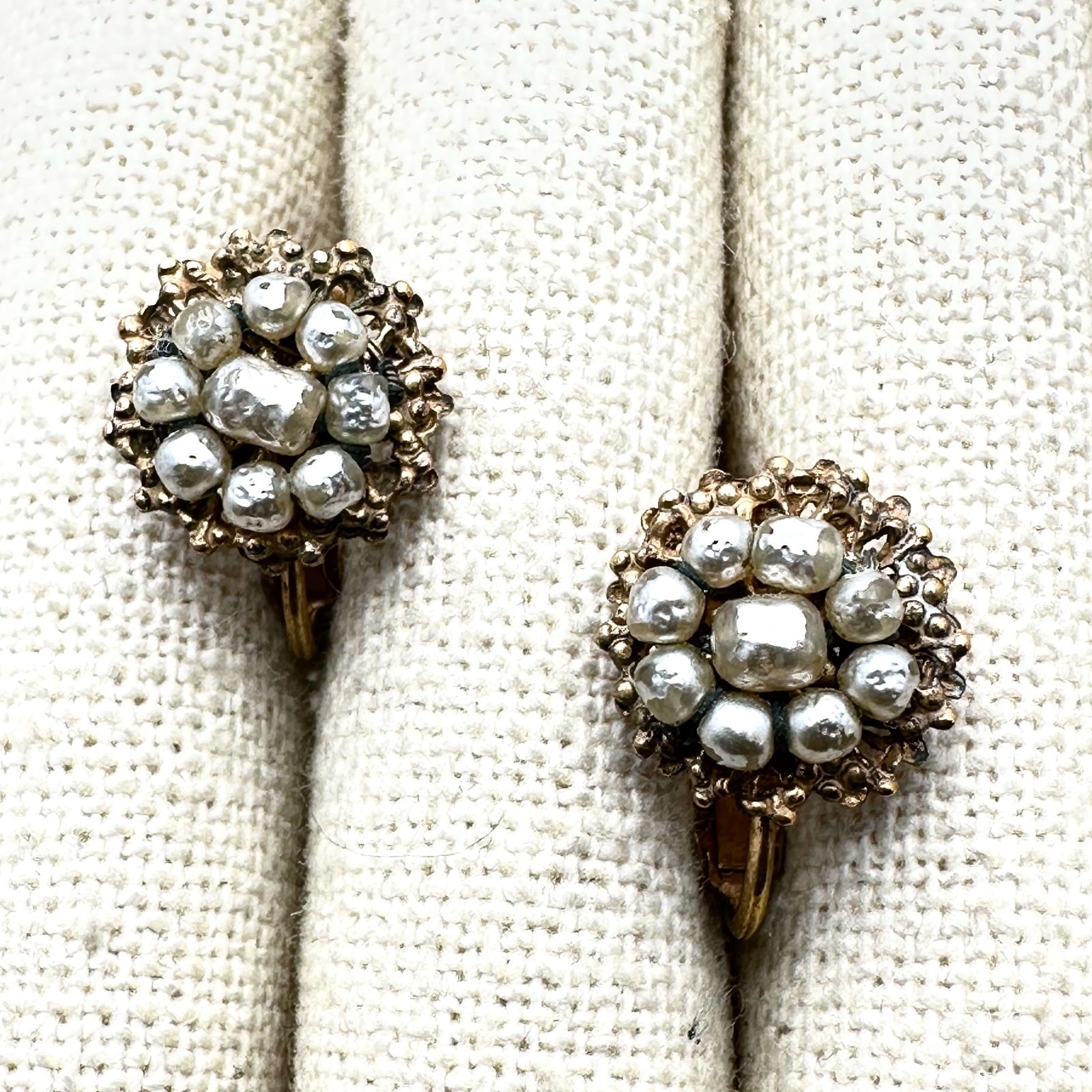 Vintage Miriam Haskell Wired Pearl Antiqued Gold Tone Clip Earrings (1 of 2)