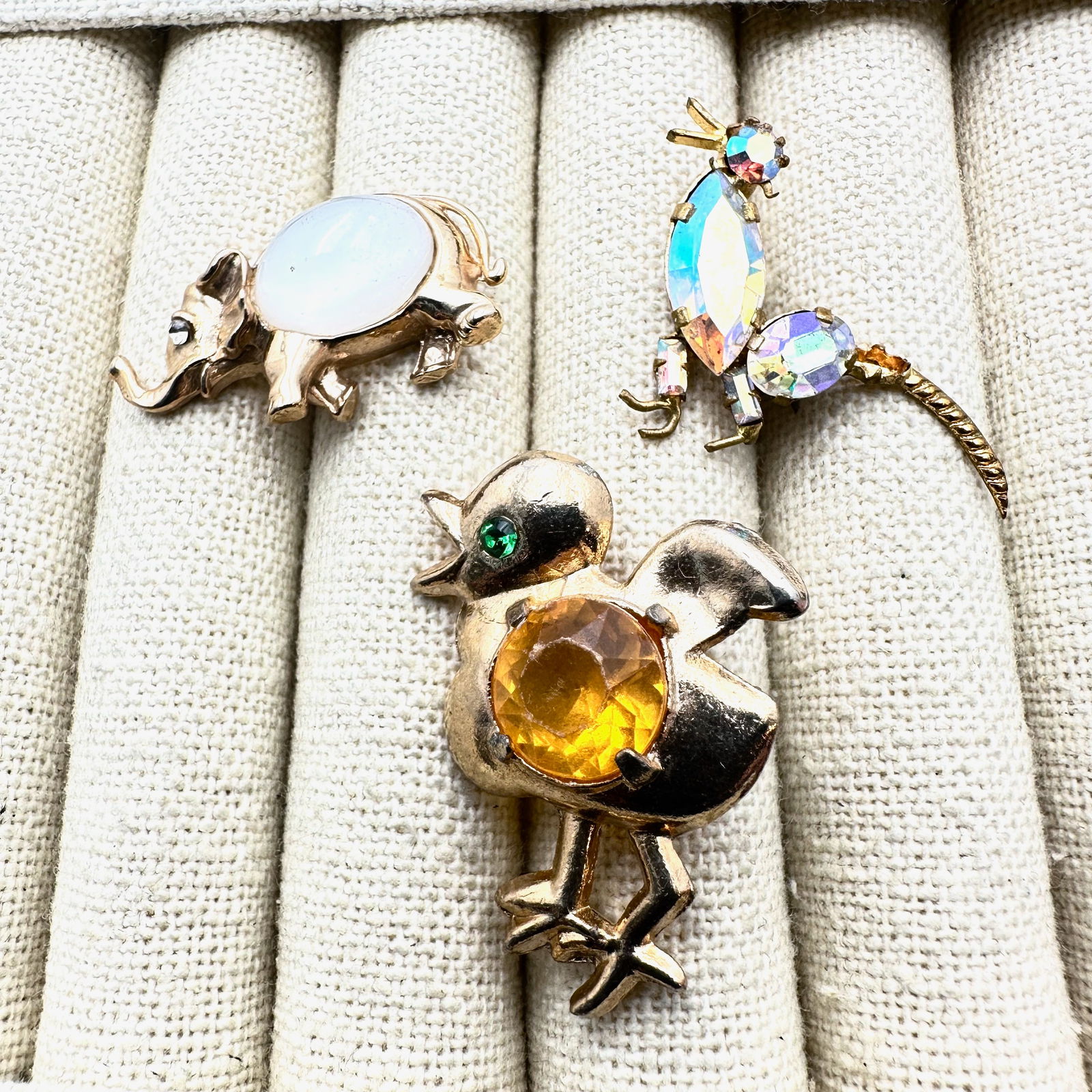 Vintage Older Figural Brooches and Elephant Button with Glass Belly: Vintage Older Figural Brooches and Elephant Button with Glass Belly