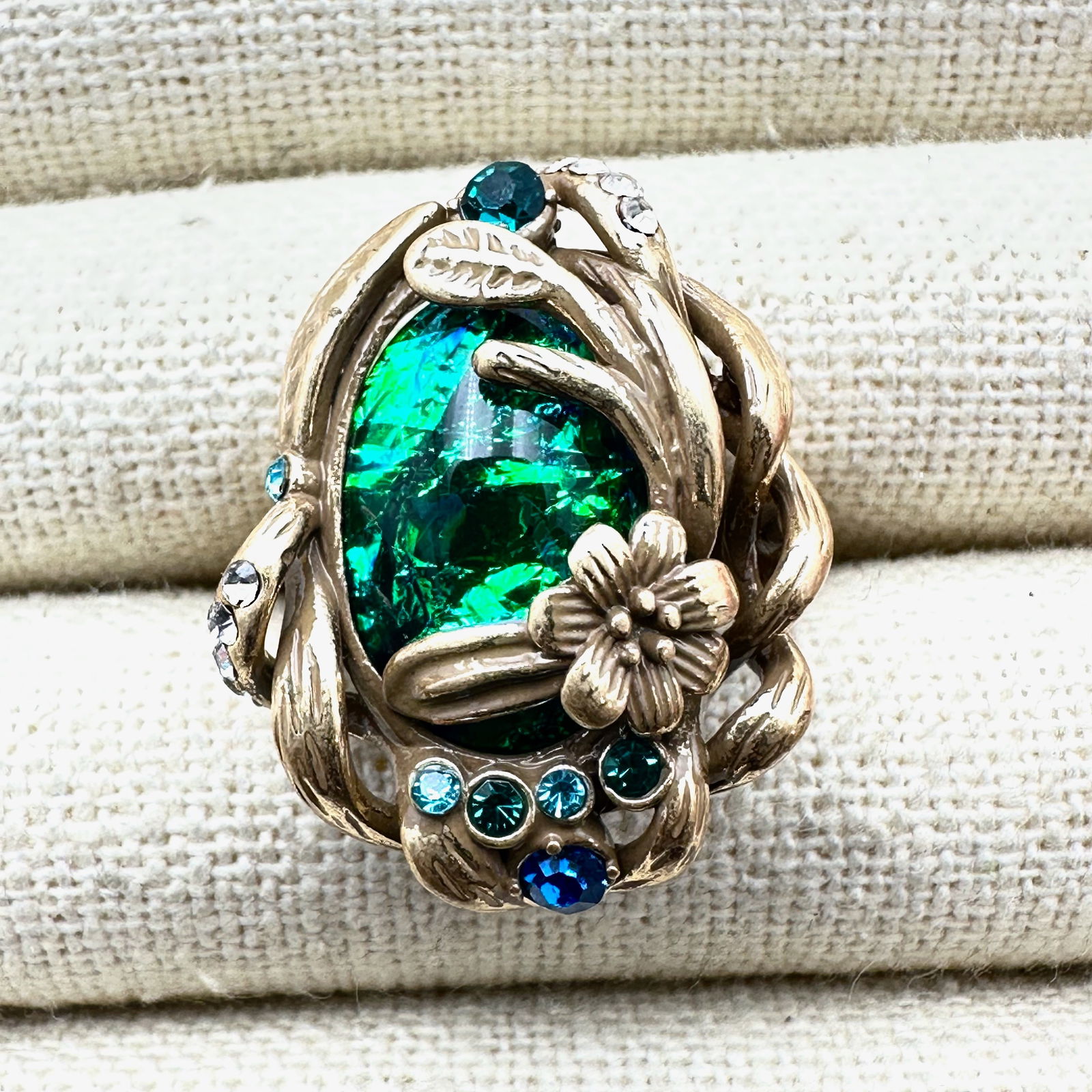 Blue Green Art Glass and Rhinestone Antiqued Gold Tone Adjustable Ring: Blue Green Art Glass and Rhinestone Antiqued Gold Tone Adjustable Ring